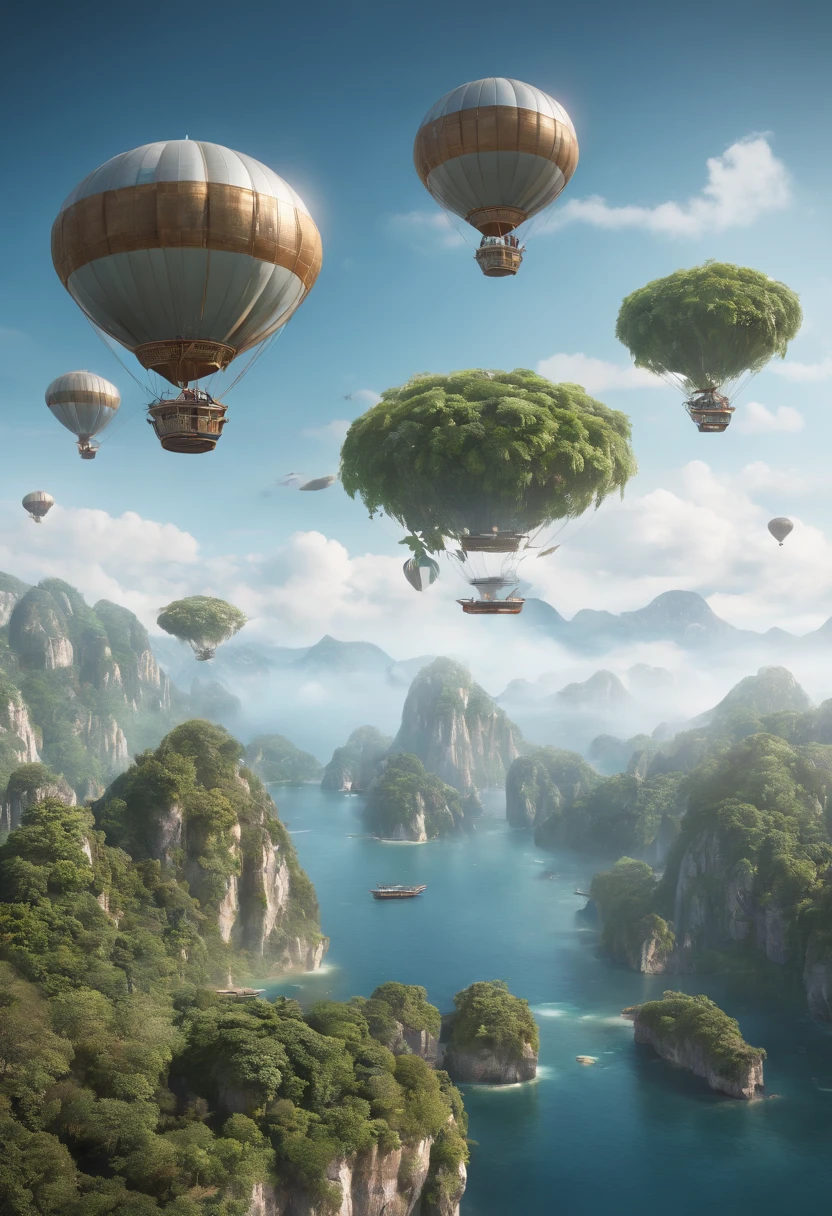 Many islands are suspended in the air with many small airships flying around, cities, fantasy, magical plants growing, extreme details, realistic light, epic composition, (complex details), (complex design, ultra-details :1.2), Art Station, (Masterpiece, Best Quality), Ultra HD, 32k --v 6
