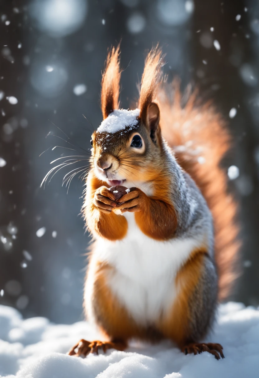 Anthrpomorphic squirrel in a whimsical snow forest got a big nut 16 k resolution 3d god ray lighting ambient architecture