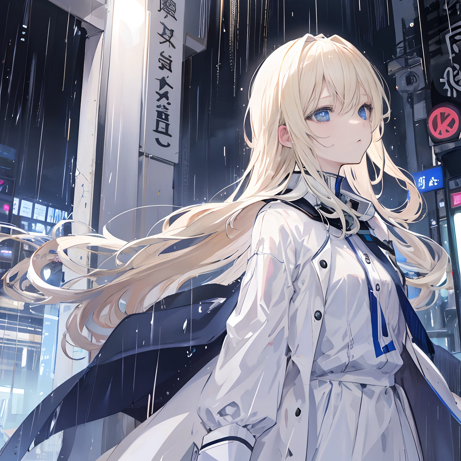 A woman in her twenties,Long blonde hair,eBlue eyes,expression sad,Night City,rain,White clothing