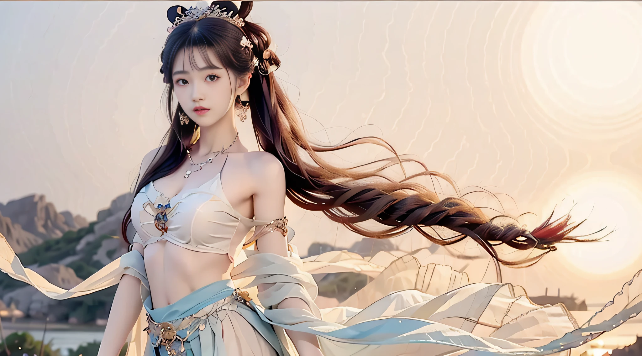 Bust photo, face close-up, face shot, a beautiful woman, messy hair, girly, symmetrical bun, hair accessories, jewelry, delicate face, (suspenders: 1.5), (high split lower skirt 1.7), (many patterns: 1.5), crop navel, open belly, Dunhuang style, a lot of streamers, delicate skin, soft light effect, delicate and smooth hair, delicate details, eye highlights, fair skin, fine portrayal, extreme details, cinematic quality, thin, slender, broken, hair details, thin bangs, shawl hair, right body, shadow, air bangs, 8K, super fine, fine fabric texture, soft, smooth, smooth texture, ((Dunhuang style)) )))), delicate patterns, correct hand painting,