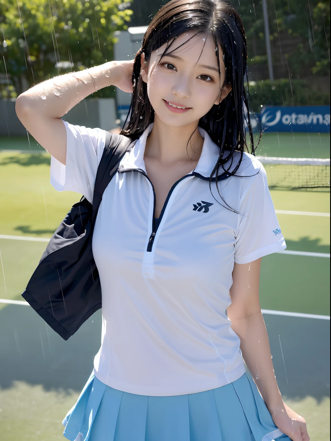 (masutepiece:1.3), (8K, Photorealistic, Raw photo, Best Quality: 1.4), Japanese, (1girl in), Beautiful face, (Realistic face), (Black hair), Beautiful hairstyle, Realistic eyes, Beautiful detailed eyes, (Realistic skin), Beautiful skin, Attractive, 超A high resolution, A hyper-realistic, Highly detailed, Golden ratio,1girl in,(18year old:1.5),Small breasts,japanaese girl ,Smile,tennis,Tennis Wear,skort,Yonex,Wavy Hair,(Medium Hair),Hyper Detail Hair,Photo of Pretty Japanese girls,hair blowing in wind, Facing,Short sleeves、(no-bra)(Small beautiful hard(Thin, moist buttons up to shirt length:1.1)、(Tennis clothes wet in the rain)、wetbody:1.1, () ), (skirt rift:1.1),