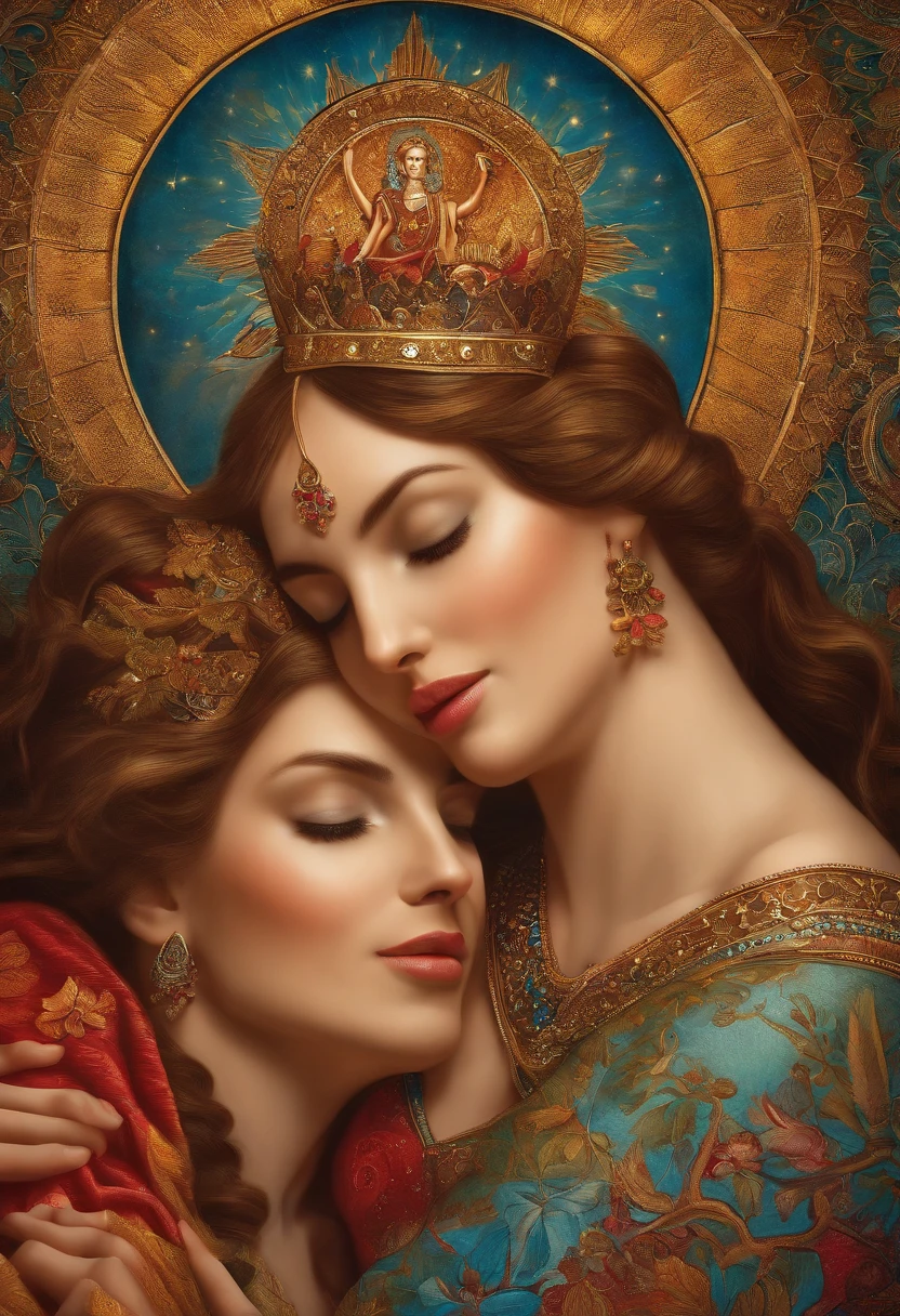 Austrian Symbolism inspired portrait of a insanely beautiful woman, influenced by Gustav Klimt’s ‘The Kiss’, shimmering with gold leaf detail and intricate patterns