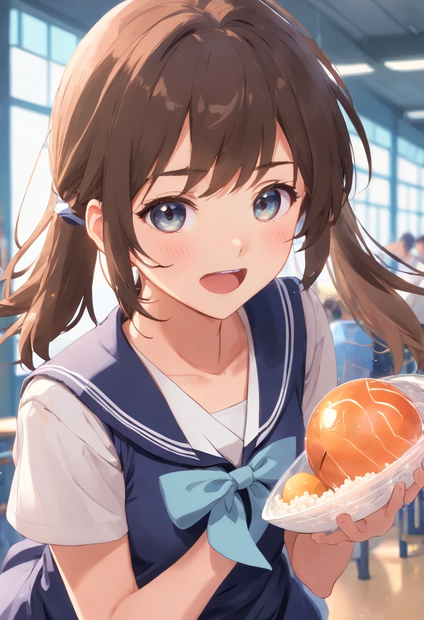 animesque　a beauty girl　short-cut　boyish　hi-school girl　校服　a sailor suit　Ribbon at chest　In the school　Big mouth open　He is holding an oversized rice ball in both hands and is about to eat it　The face is expressionless