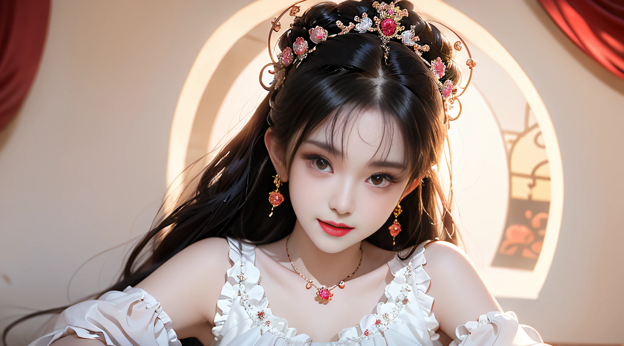 1 young empress wearing a red lace top, a deep-breasted nightgown, a Chinese-style dress, an ancient costume with many phoenix patterns, a spotless pinkish-white face, a crown on her head, and hip-length black hair , very beautiful and sharp brown eyes, small red lips, painted lips, charming smile, jewelry worn around the neck, earrings, white and even teeth, high nose, big round breasts, the girl's body is covered with water on chest, slim legs, thin mesh black socks, portrait, most realistic, highest quality, best pixels, 8k ultra ,