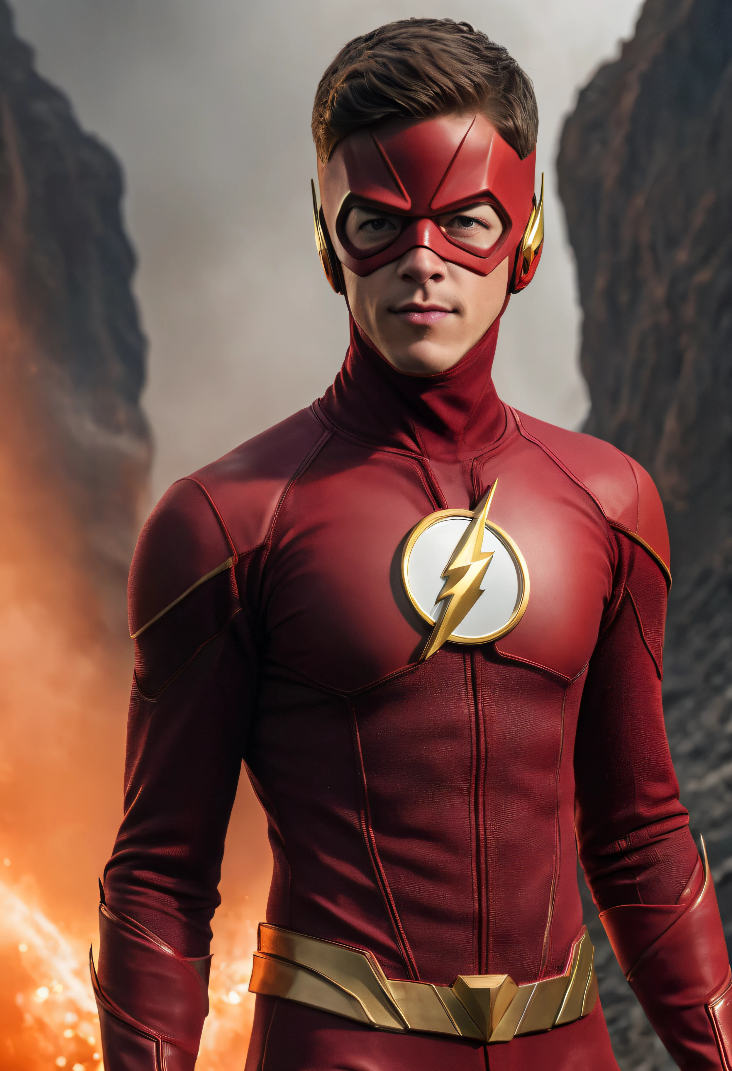 a close up of a man in a flash suit standing in front of a mountain, the flash, sem texto, flashy flash elegant, steve harvey as the flash, flash image, superhero body, emma watson as the flash, flash, flash on, wearing red and yellow hero suit, corredor de carros, flash lighting, flashes, flash enabled, movie poster character