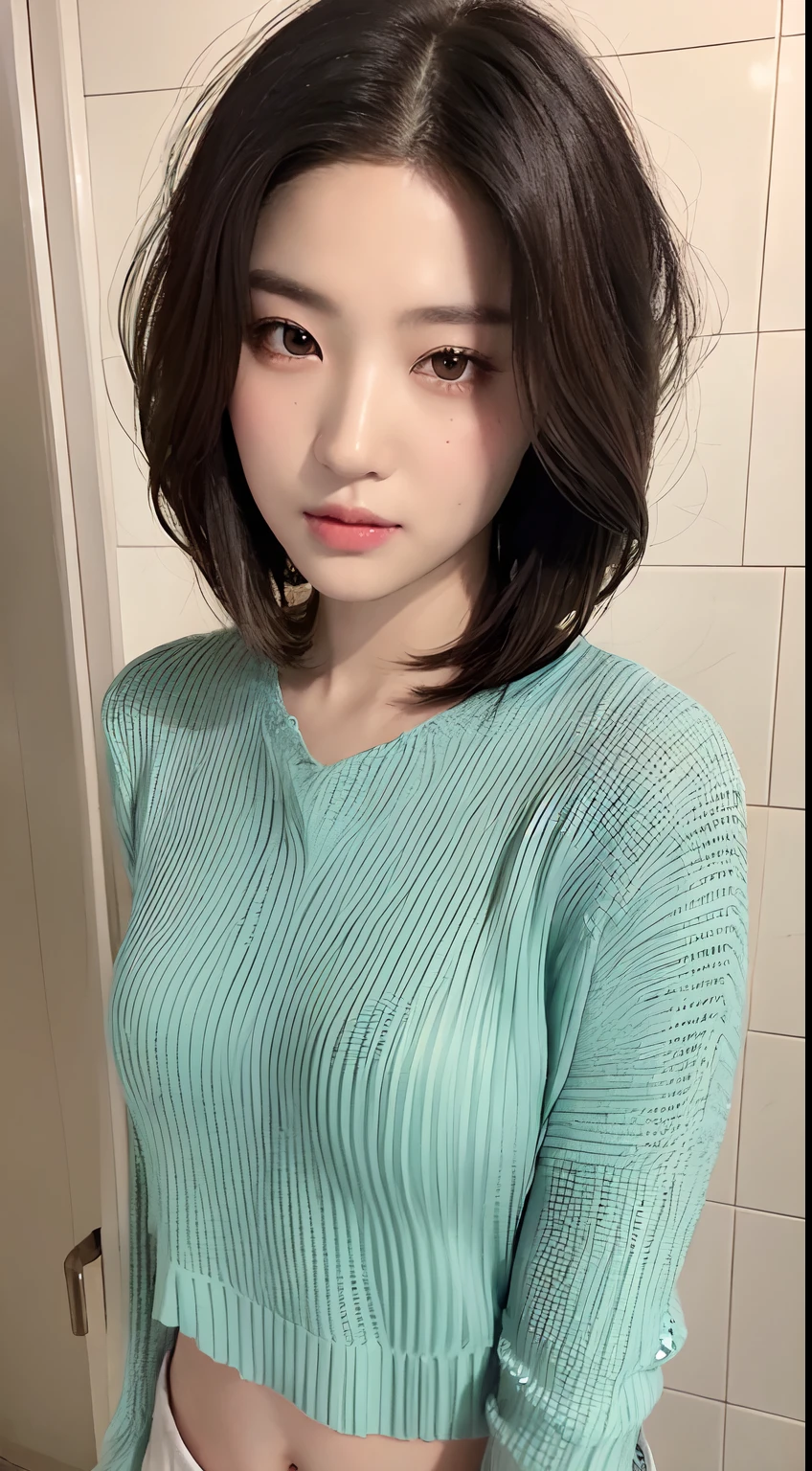 ((Best Quality, 8K, Masterpiece: 1.3)), Sharp: 1.2, Perfect Body Beauty: 1.4, Slim Abs: 1.2, ((Layered Hairstyle, :1.2)), (Housewear: 1.1), (Bathroom: 1.2), Wet: 1.5, Highly detailed face and skin texture, Detailed eyes, Double eyelids, Looking directly at the camera, Seduction, Naughty,