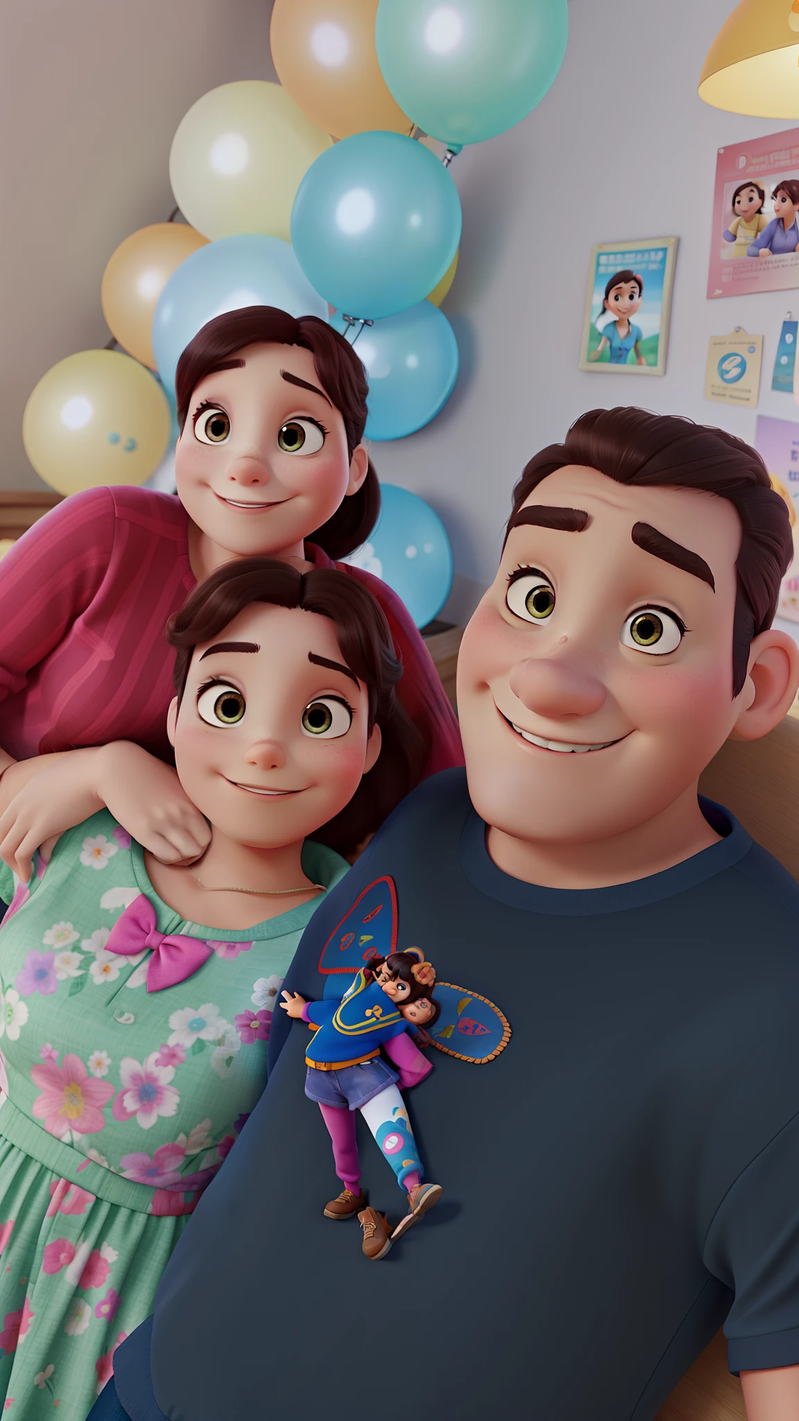 Um poster no estilo "Disney pixar" with a family, pai, mother and daughter