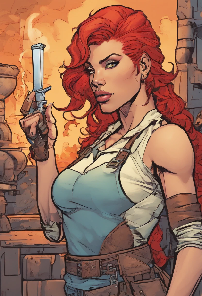 A female demigod, futuristic, wild red and yellow hair, orange eyes, toned muscles, curvaceous body, tan skin, fire manipulation, black tank top, leather pants, gold jewelry, thuggish, smug grin, hyper detailed, masterpiece.