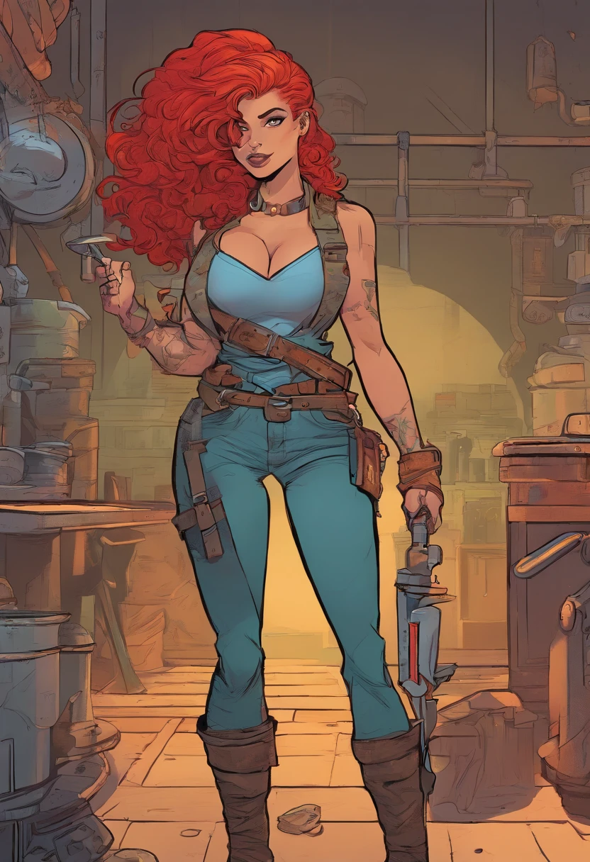 A female blacksmith, cosmic future aesthetic, fiery red hair, strong body, tan skin, metal prosthetic arm, arrogant thug, smoking a cigarette