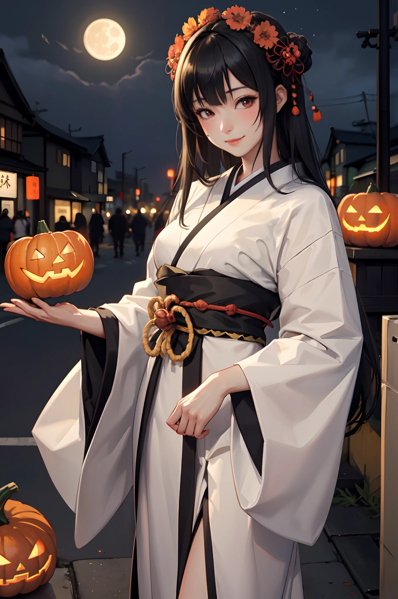 1lady standing, /(Japanese warrior costume/), mature female, /(black hair/) bangs, blush kind smile, (masterpiece best quality:1.3) delicate illustration ultra-detailed, large breasts BREAK /(streets of Shibuya/) outdoors, jack-o'-lantern Halloween parade, crowded audience, night /(small moon/)