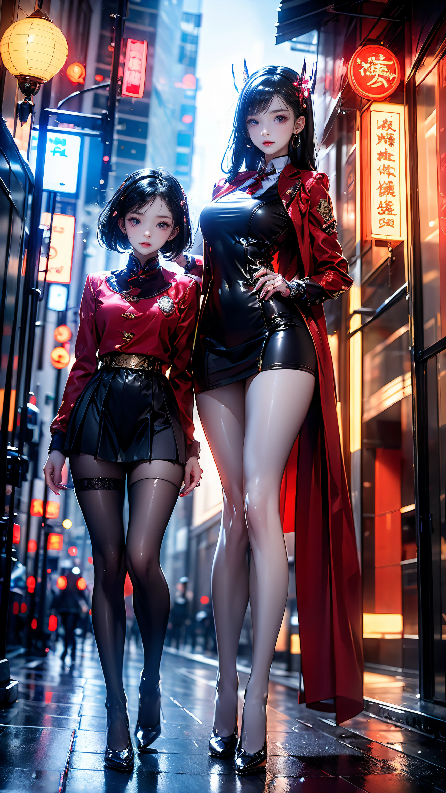 {Perfect proportion},{Perfect facial features},{{Angelic face}},{{{Star temperament}}},Beautiful big eyes,charming eyes,Delicate woman,Exquisite makeup,High-end,Perfect Lover,Blonde short hair,Heterochromia,Full figure,Thin waist,Perfect long legs,High heel,Black suspenders,Cyberpunk characters,Chinese style,cheongsam,