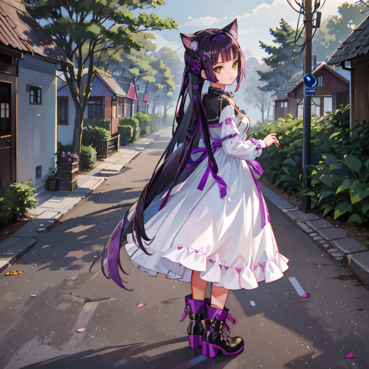 Cheshire Cat, metallic chocker, long hair, medium hair, purple hair, animal ears, cat ears original, 1girl, (solo), scenery, scene, red trees, forest, lake, autumn,