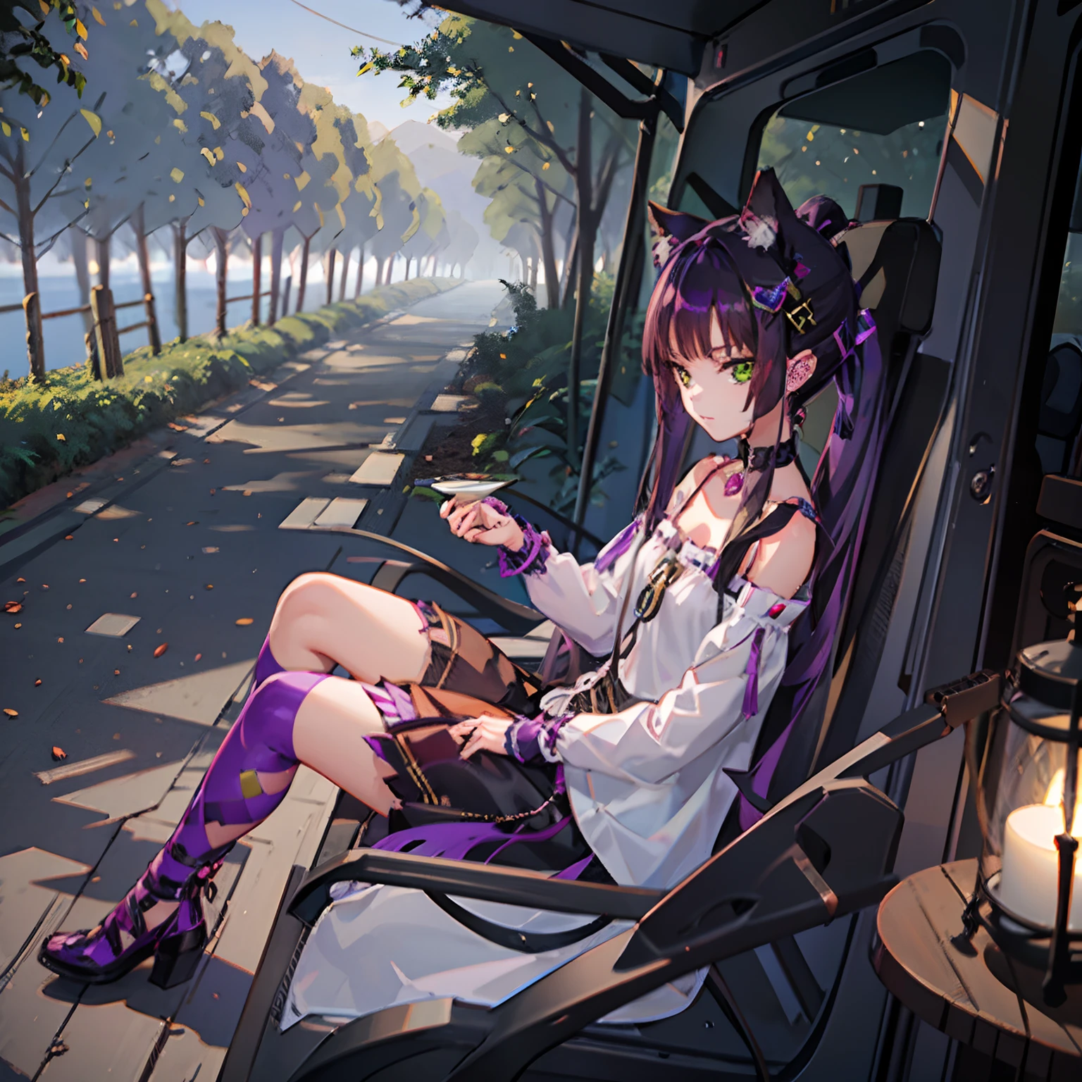 Cheshire Cat, metallic chocker, long hair, medium hair, purple hair, animal ears, cat ears original, 1girl, (solo), scenery, scene, red trees, forest, lake, autumn,