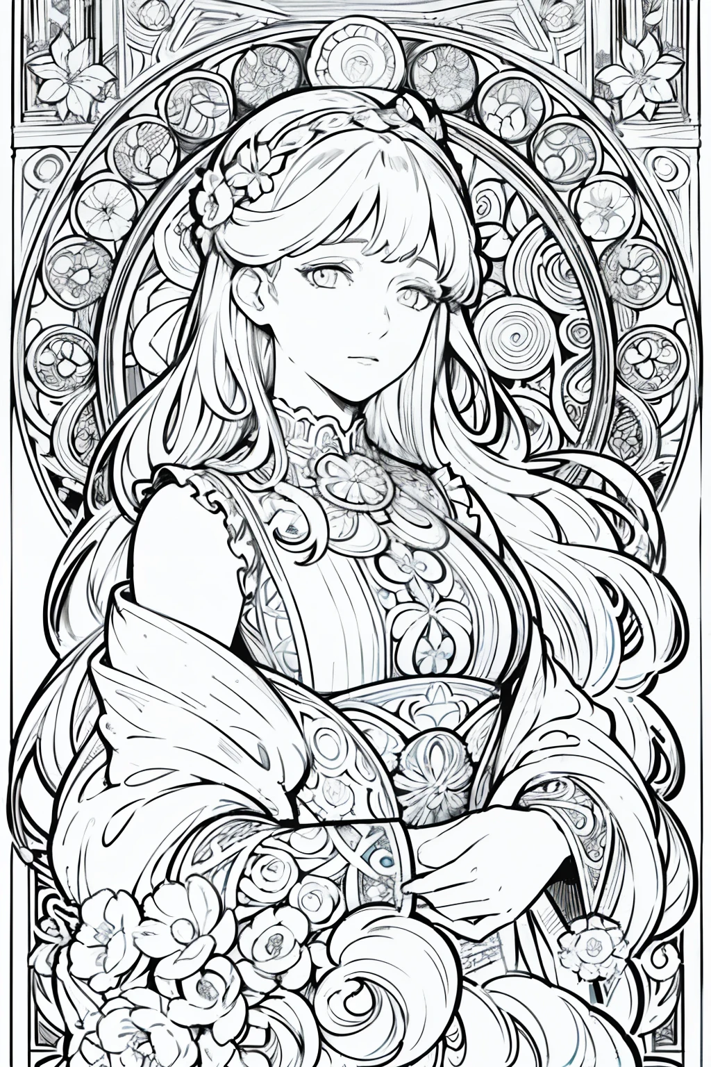 European women's face portrait, long curly hair, blonde, floral frame, decorative panel, abstract
Art by Alphonse Mucha, sketch, character lines and scenes without colors and shadows.
(Masterpiece, Best Quality, Highres:1.4), Detailed, Intricate Details, 4K, color splashes, line art, fibonacci,