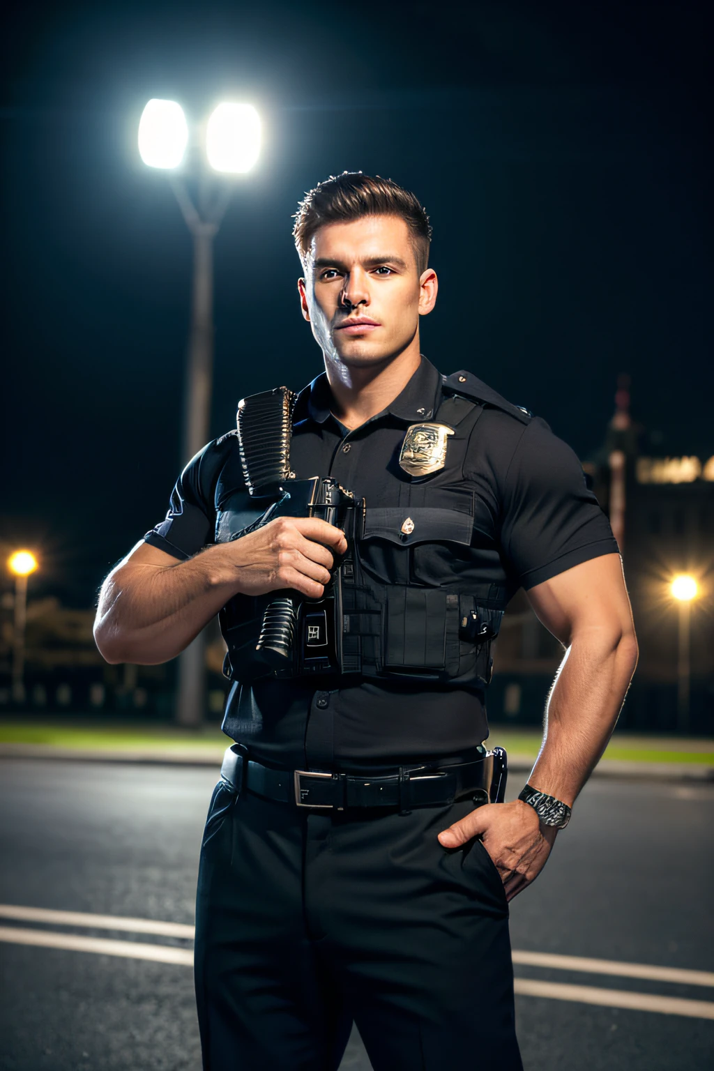 a male police officer in their 20s pose, Wear a black shirt, High-res, masterpiece, best qualtiy, Head:1.3,((Hasselblad photograp)), Fine fine skin, Clear focus, (Cinematic lighting), during night, Gentle lighting, dynamic angle, [:(Detailed face:1.2):0.2],(((Exercise))), sport, The arm muscles are very large, big bulge