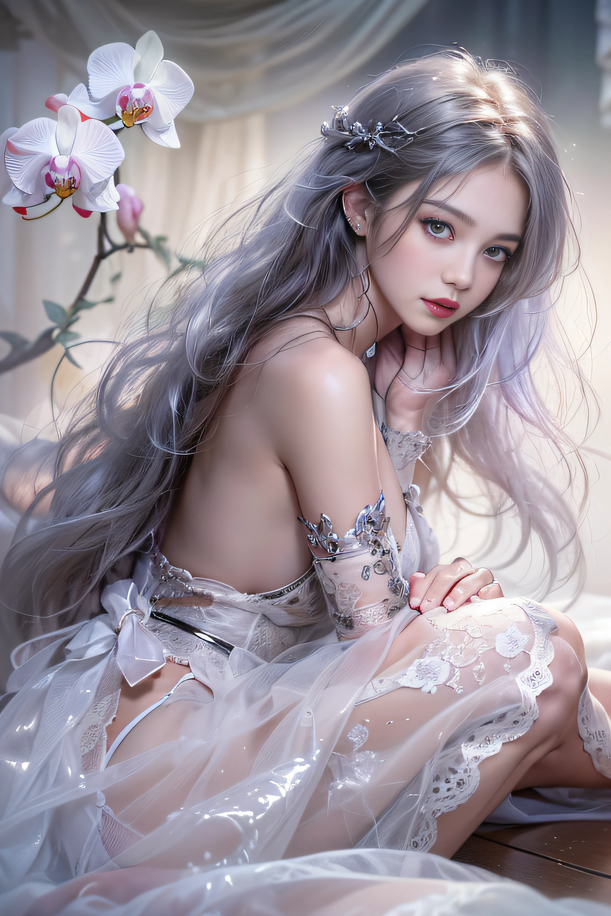 ((tmasterpiece:1.4)、(top-quality:1.4)、(reallistic:1.7))、By Luis Royo(By Luis Royo)Surreal portrait of a beautiful girl、Super beautiful girl、((1girl in:1.4))、Shiny natural skin texture、Authors:By Luis Royo(By Luis Royo)、age19、(Two arms:1.4、Two legs:1.4)、(perfect anatomia:1.4)、(Perfect female body:1.4)、Portrait photo of a girl、Close-up photos、Full body shooting、((masutepiece:1.4), (of the highest quality:1.4), (Realistic:1.7), By Luis Royo, Beautiful Girl, Super beautiful girl, ((1girl in:1. 4), Shiny natural skin texture, Authors: By Luis Royo, 19 years old, (Perfect female body: 1.4), (Perfect female body: 1.) 4), Portrait photo of a girl, Close-up photos, (Full body photo), Fantasy Art, Soft front light, Beautiful expression, Kawaii face, Beautiful breasts, Large Full Breasted: 1. 2, Beautiful buttocks, Fine eyes, Clear and eye-catching, beautiful and alluring, Beautiful eyes, thin waist, Raw photo, Red lips, ((White hair, Long hair)) , 1 Screen View, ((Woman on all fours on silk bed)), (sexyposture), (the milky way in the sky),((T-back panties))、((White garters and garter belts))、(A smile),((posterior view))、((Looks Back))、((Vaginal orchids))、((erection))