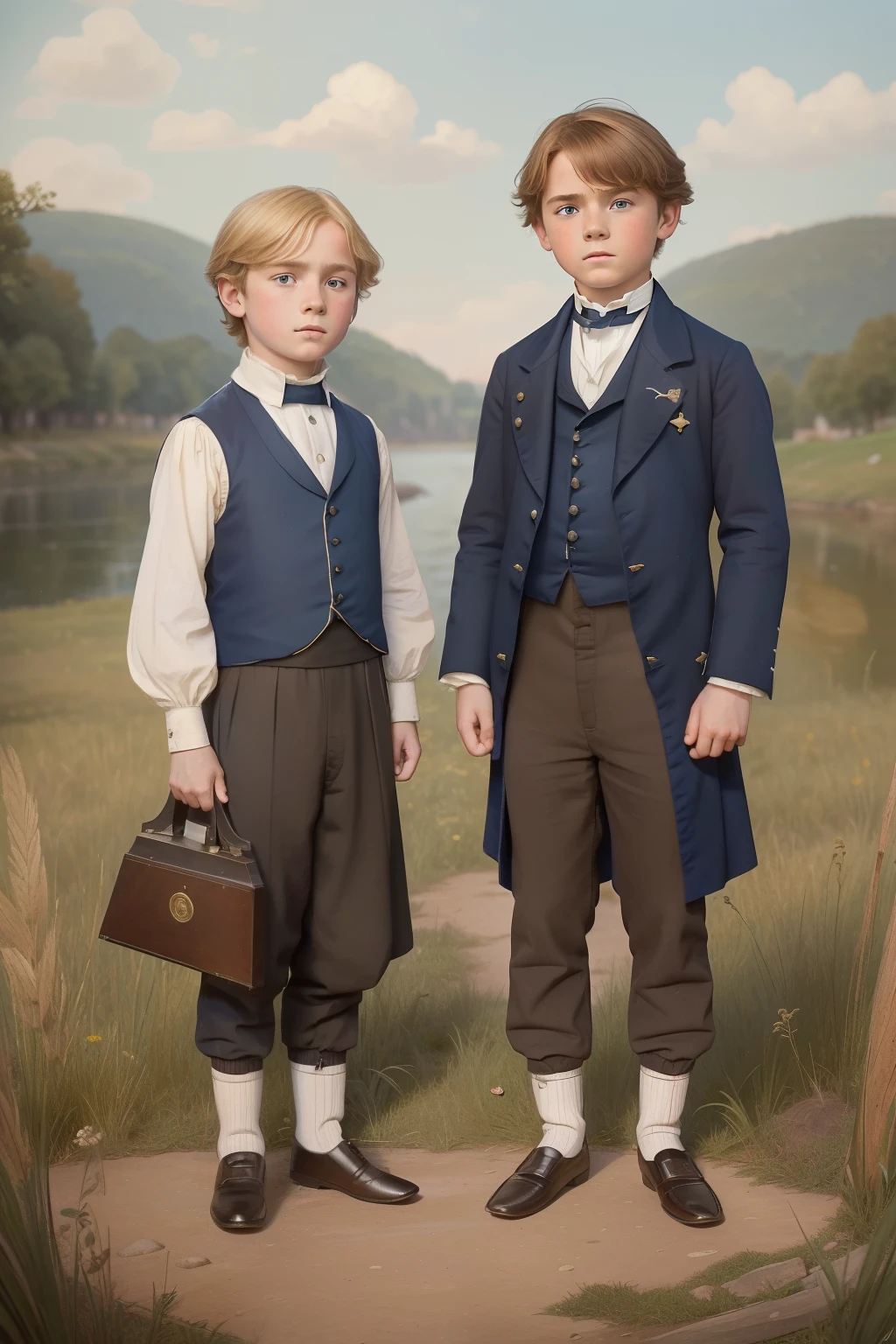 year: 1851. Location: Rock Island, Illinois. Pre-Raphaelite scene with a -yeld ble tween boy,nd his 8-year-old brr, scl fight, ((((boy Clothing from the 1840s)))) ((Hairstyle of the 1840s)), ((("OMITB" cinematography)))