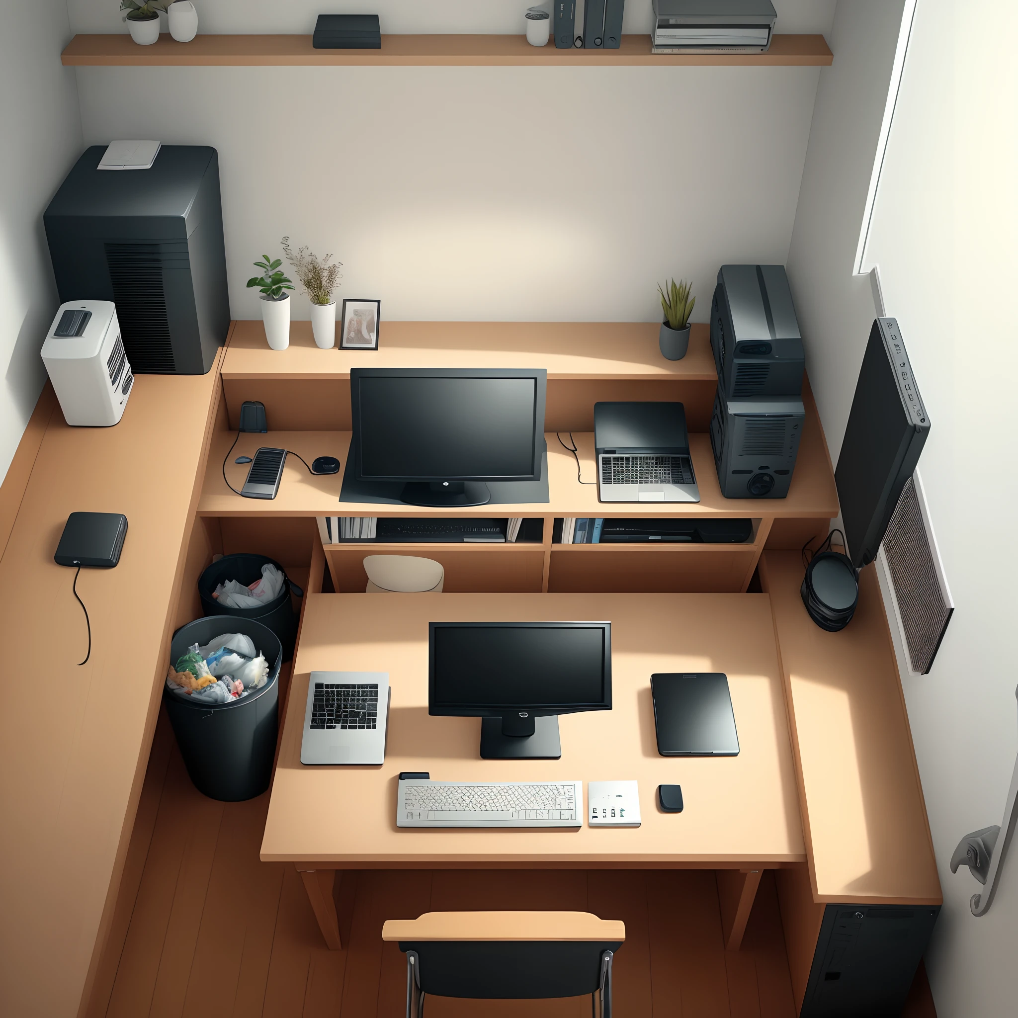 The office is biased towards a flat painting style。A desk on the left and a door on the right。There is a computer on the desk and a trash can next to it。There is a chair in front of the desk