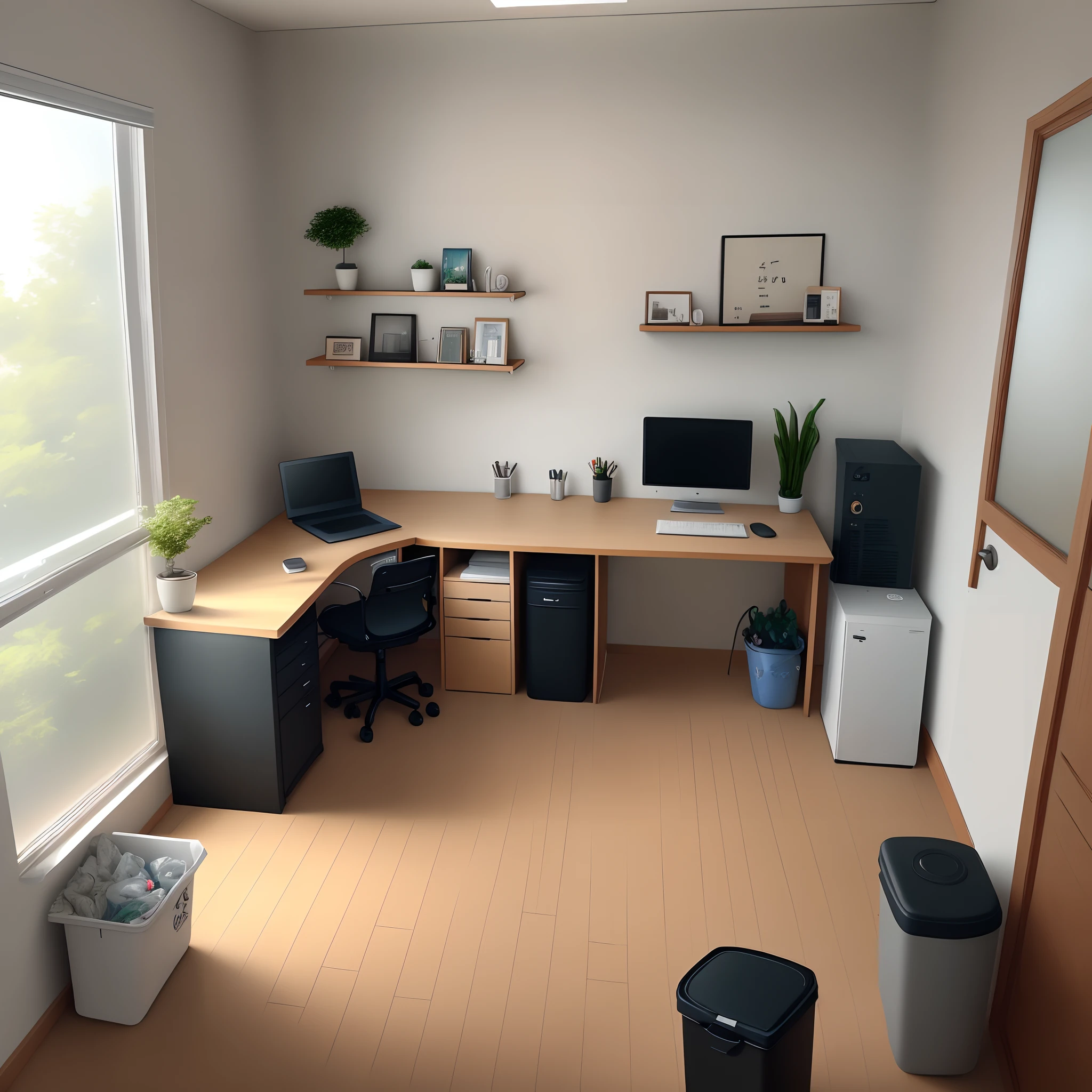 The office is biased towards a flat painting style。A desk on the left and a door on the right。There is a computer on the desk and a trash can next to it。There is a chair in front of the desk