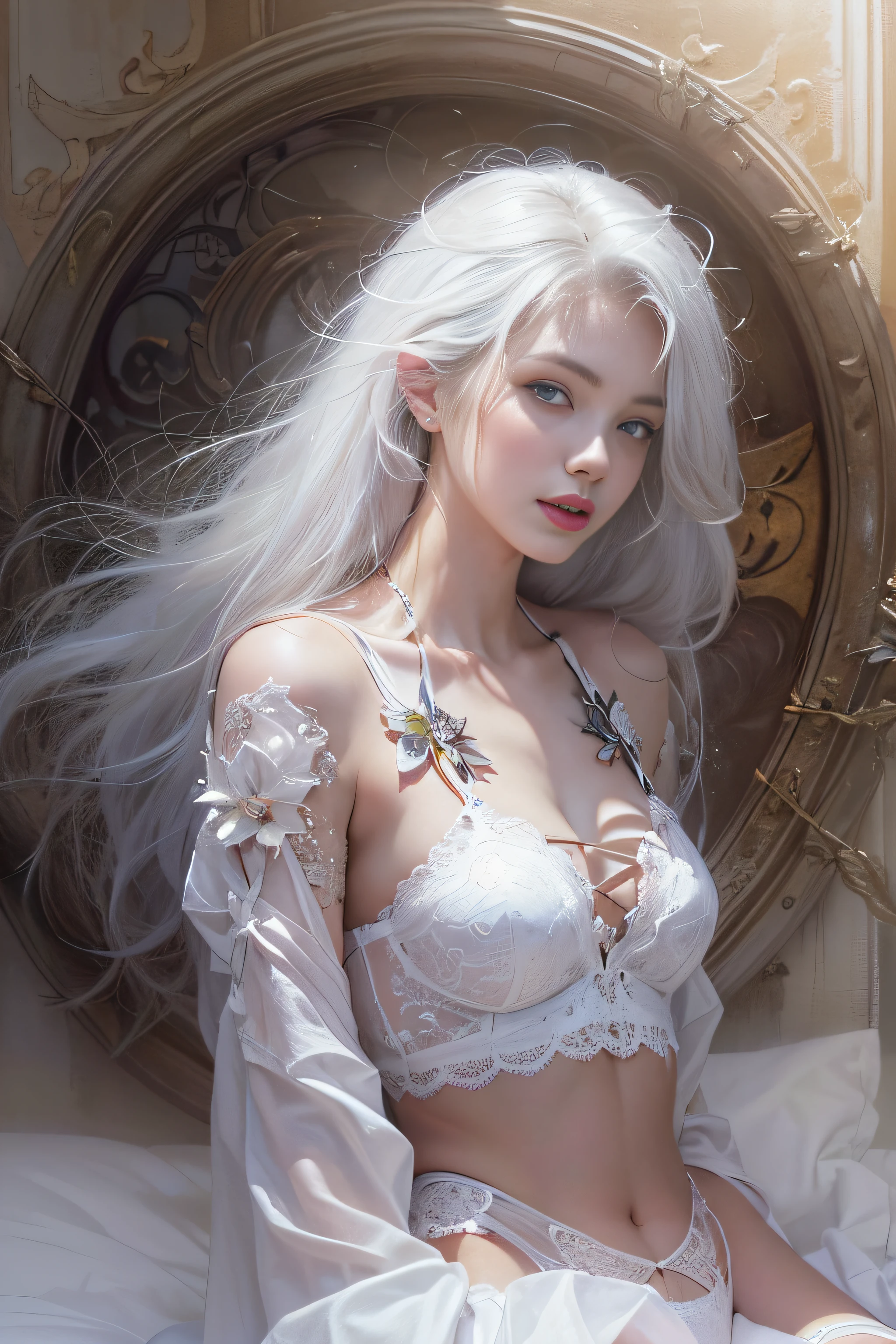 ((tmasterpiece:1.4)、(top-quality:1.4)、(reallistic:1.7))、By Luis Royo(By Luis Royo)Surreal portrait of a beautiful girl、Super beautiful girl、((1girl in:1.4))、Shiny natural skin texture、Authors:By Luis Royo(By Luis Royo)、age19、(Two arms:1.4、Two legs:1.4)、(perfect anatomia:1.4)、(Perfect female body:1.4)、Portrait photo of a girl、Close-up photos、Full body shooting、((masutepiece:1.4), (of the highest quality:1.4), (Realistic:1.7), By Luis Royo, Beautiful Girl, Super beautiful girl, ((1girl in:1. 4), Shiny natural skin texture, Authors: By Luis Royo, 19 years old, (Perfect female body: 1.4), (Perfect female body: 1.) 4), Portrait photo of a girl, Close-up photos, (Full body photo), Fantasy Art, Soft front light, Beautiful expression, Kawaii face, Beautiful breasts, Large Full Breasted: 1. 2, Beautiful buttocks, Fine eyes, Clear and eye-catching, beautiful and alluring, Beautiful eyes, thin waist, Raw photo, Red lips, ((White hair, Long hair)) , 1 Screen View, ((Woman on all fours on silk bed)), (sexyposture), (the milky way in the sky),((T-back panties))、((White garters and garter belts))、(A smile),((posterior view))、((Looks Back))、((Vaginal orchids))、((erection))