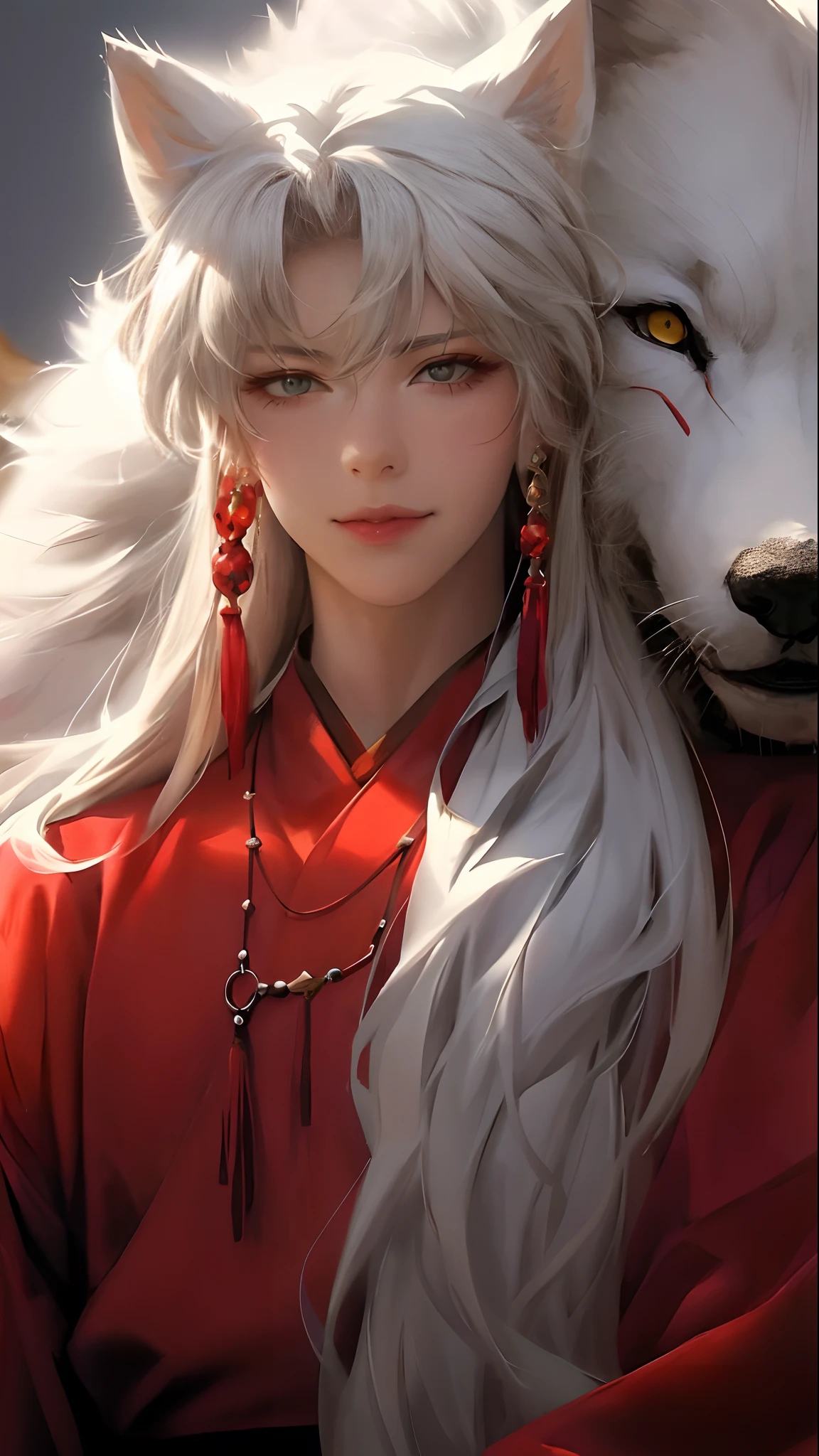 anime girl with white hair and wolf headdress, anime tribal boy with long hair, by Yang J, he has yellow wolf eyes, artwork in the style of guweiz, with long white hair, with white long hair, detailed anime character art, white haired, white - haired fox, guweiz, anime character, stunning anime face portrait, beautiful character painting