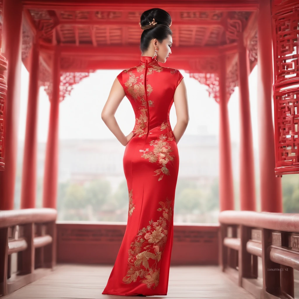 Beautiful model in a gorgeous slim-fitting red cheongsam,Voluptuous and sexy,The background is on the catwalk