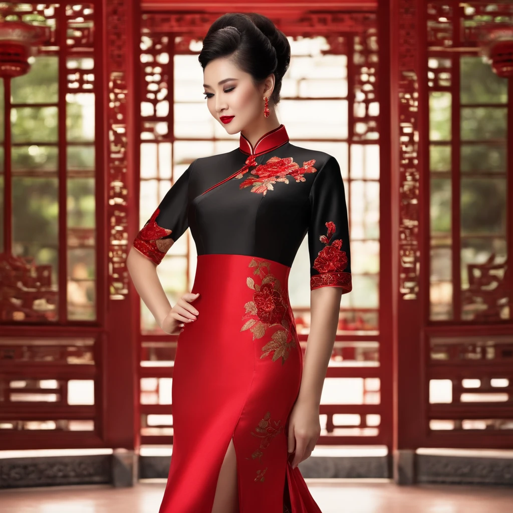 Beautiful model in a gorgeous slim-fitting red cheongsam，Voluptuous and sexy，The background is on the catwalk