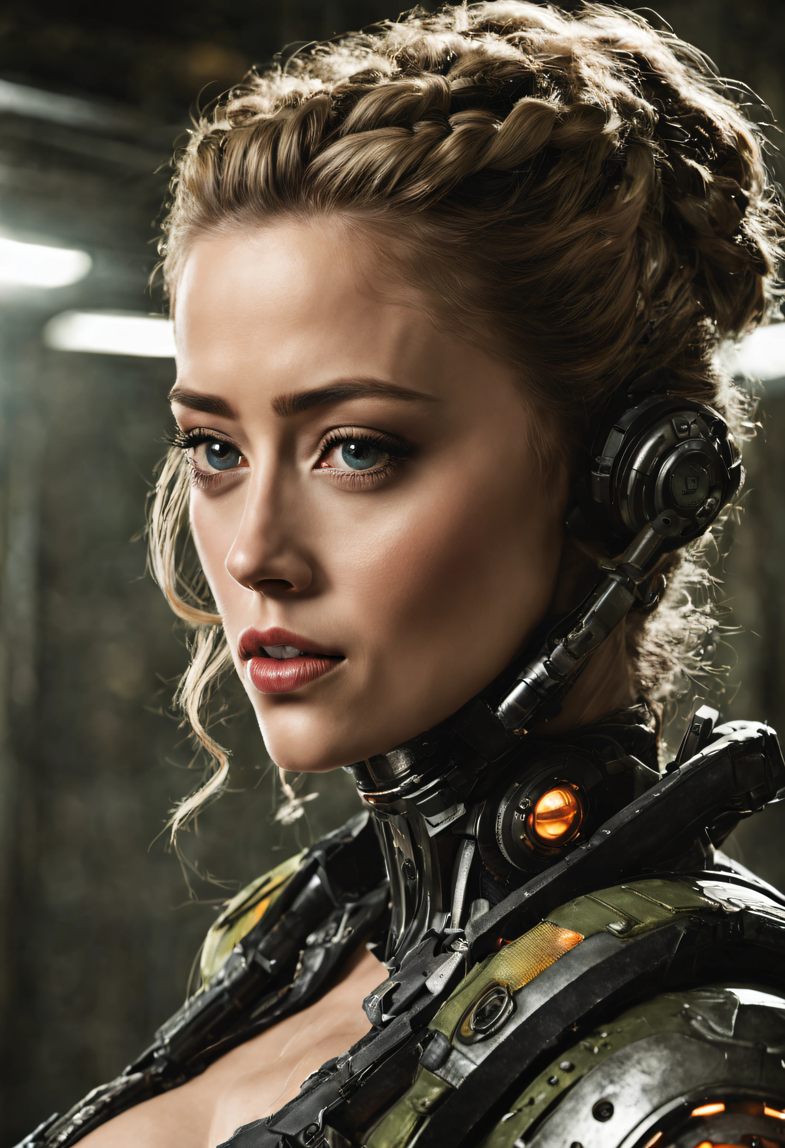mujer alienigena extraterrestre, considerada como una de las razas mas bellas de la galaxia, con una cara, ojos y labios sensuales (parecidos a amber heard), ojos verdes, vestida con uniforme sexy de gears of war, se encuentra en centro de control de estacion espacial. hiperrealista, imagen nitida, 8