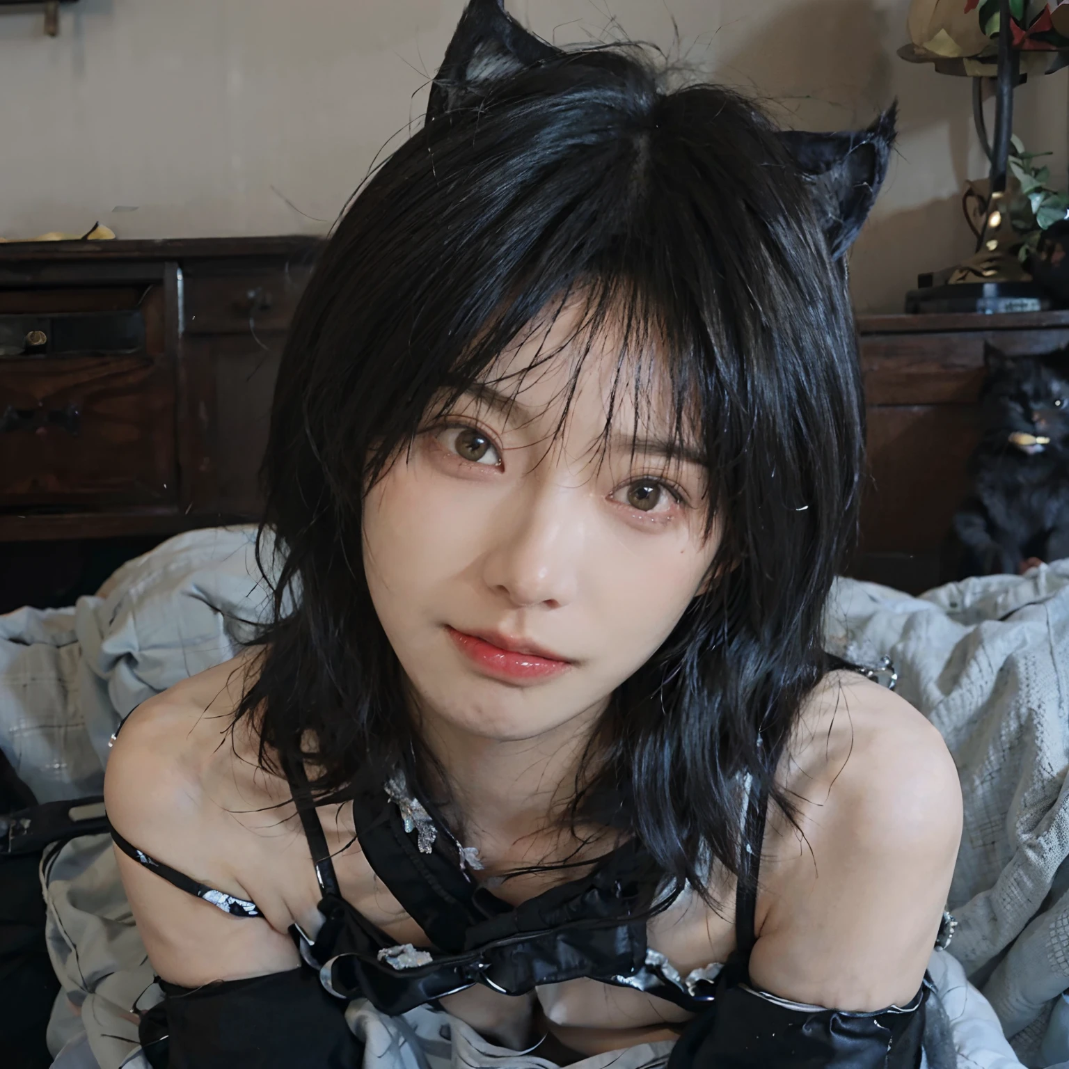 8K、(all-fours)、(((Black hair color))) 、((Wearing black underwear))、undersized head、Best Quality, masutepiece, 超A high resolution, (Realism: 1.4), Realistic Photos, (True skin texture: 1.3), (Film grain: 1.3), Beautiful eyes and face details, masutepiece, Best Quality, Full body、bob cuts、18year old、(((Black cat ears grow)))