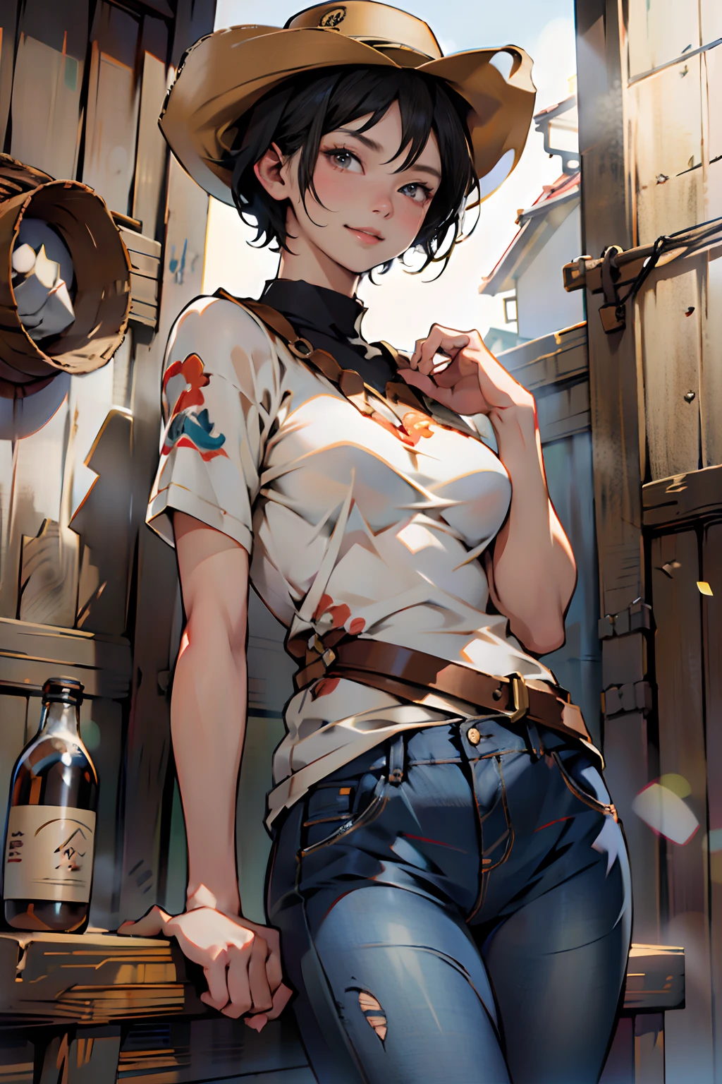 ((1womanl)), (((Black Shorthair))), (masuter piece:1,3)、top-quality、masterpiece、hight resolution、Original、highly detailed wallpaper、jeans、 (A slight smil)、a small face、((Full breasts))、(print t-shirt)、(Light on Face)、、Live-action style, Beautiful face ten-gallon hat, Luxurious large room, (cowboy shot:1.3)