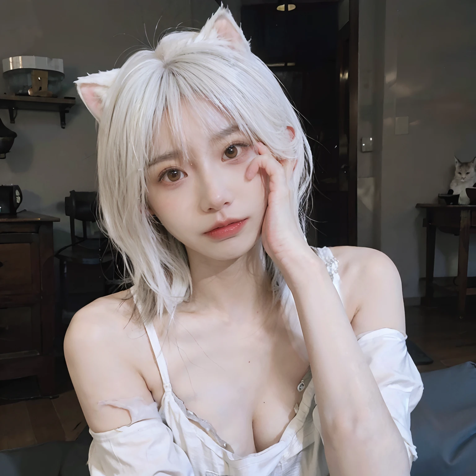 8K、(Sexy poses collection)、((Underwear))、(((White hair color))) 、undersized head、Best Quality, masutepiece, 超A high resolution, (Realism: 1.4), Original photo, (True skin texture: 1.3), (Film grain: 1.3), Beautiful eyes and face details, masutepiece, Best Quality, Full body、bob cuts、18year old、(((White cat ears)))