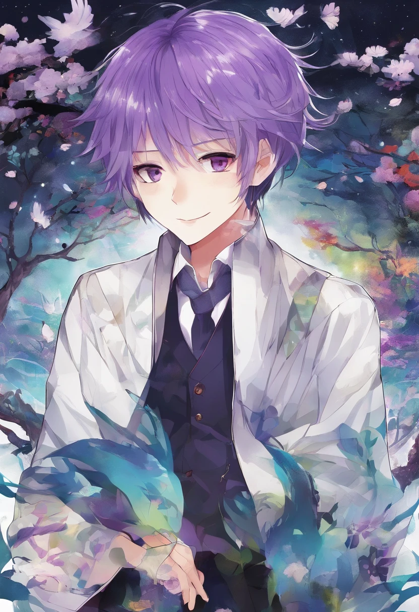 The purple-haired boy can be seen all over his body handsome, smiling, and tall