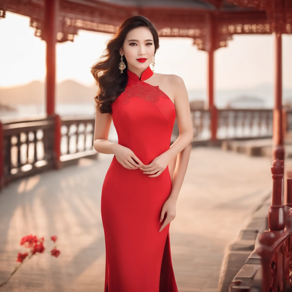 Beautiful model in a gorgeous slim-fitting red cheongsam，Voluptuous and sexy，The background is on the catwalk，HD facial expressions。