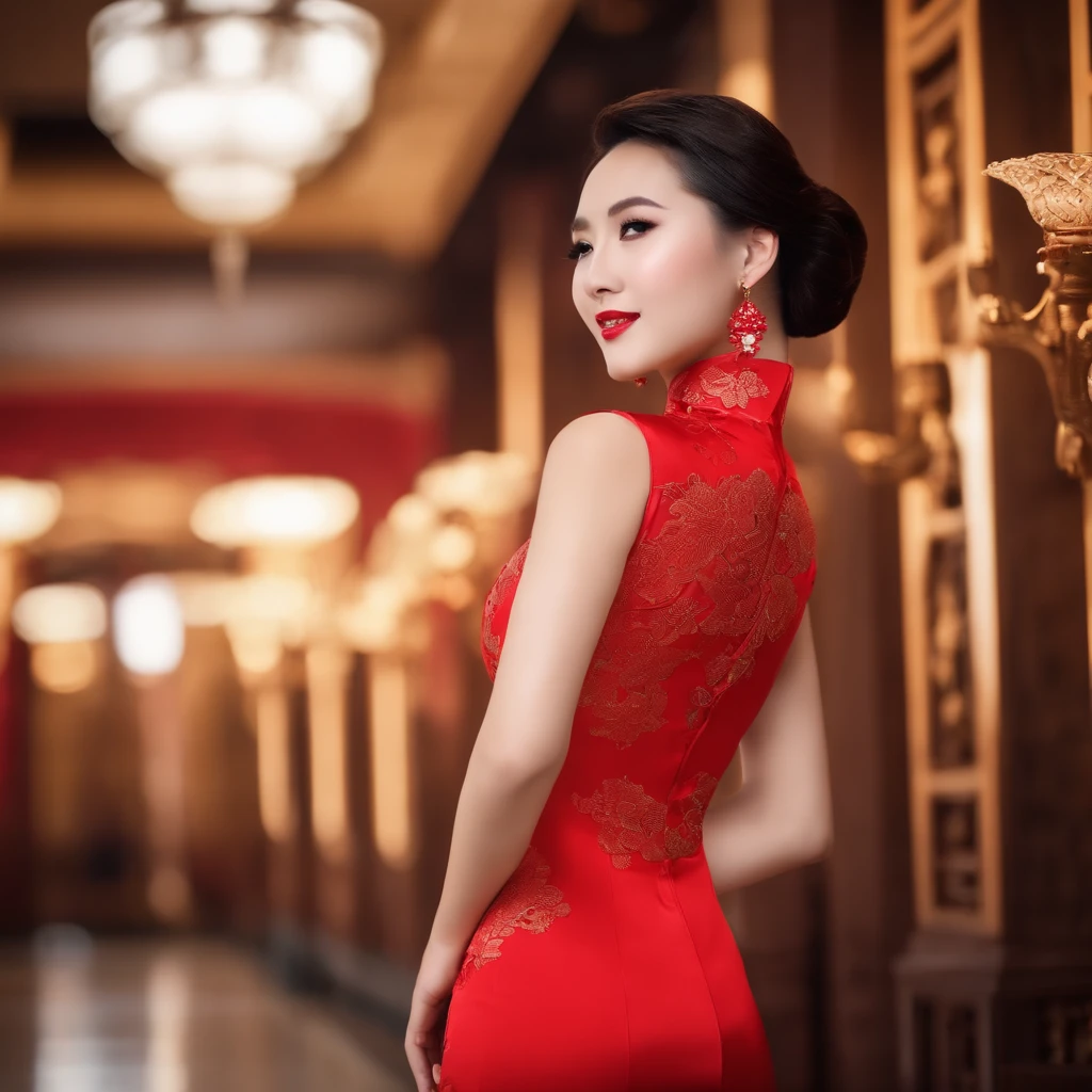 Beautiful model in a gorgeous slim-fitting red cheongsam,Voluptuous and sexy,The background is on the catwalk,HD facial expressions。