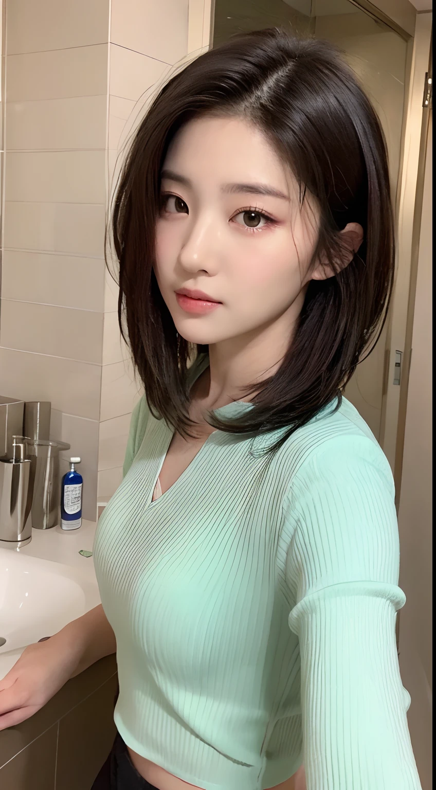 ((Best Quality, 8K, Masterpiece: 1.3)), Sharp: 1.2, Perfect Body Beauty: 1.4, Slim Abs: 1.2, ((Layered Hairstyle, :1.2)), (Housewear: 1.1), (Bathroom: 1.2), Wet: 1.5, Highly detailed face and skin texture, Detailed eyes, Double eyelids, Looking directly at the camera, Seduction, Naughty,