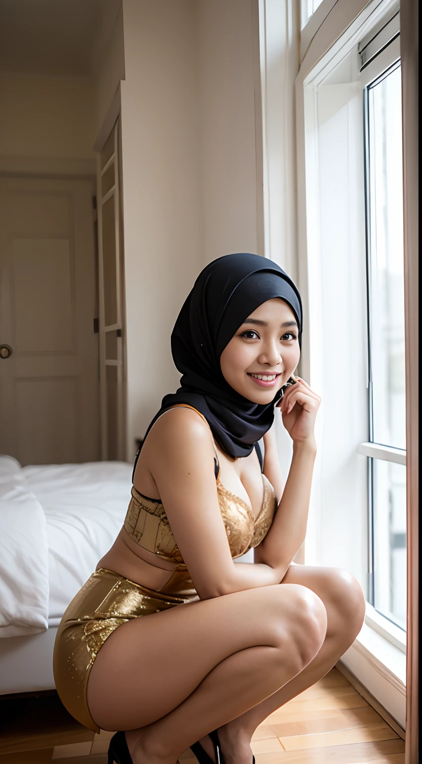 1 malay girl, wears hijab, age range 18-24, ite body type, height normal, average weight, breast size big, wear kebaya outfit, show cleavage, squatting, happy theme, full-body shot, detailed skin texture, smiley face, beautiful body curve, show panties