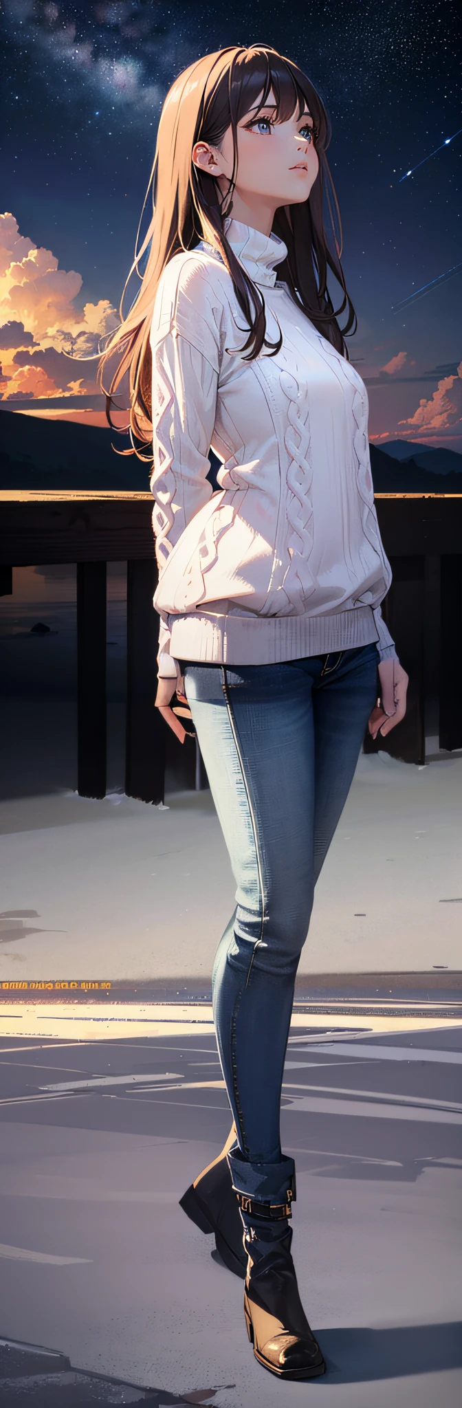 24-year-old Caucasian woman、Hair color is a gradation of brunette and purple、Hair is wavy、Eye color is blue、Longhaire、A slender、a smile、wearing a knit top、I'm wearing a miniskirt、Wearing a jacket、I'm wearing pin heels、Being on a street corner、Wearing a scarf around your neck、Looking back at me and sticking out my butt