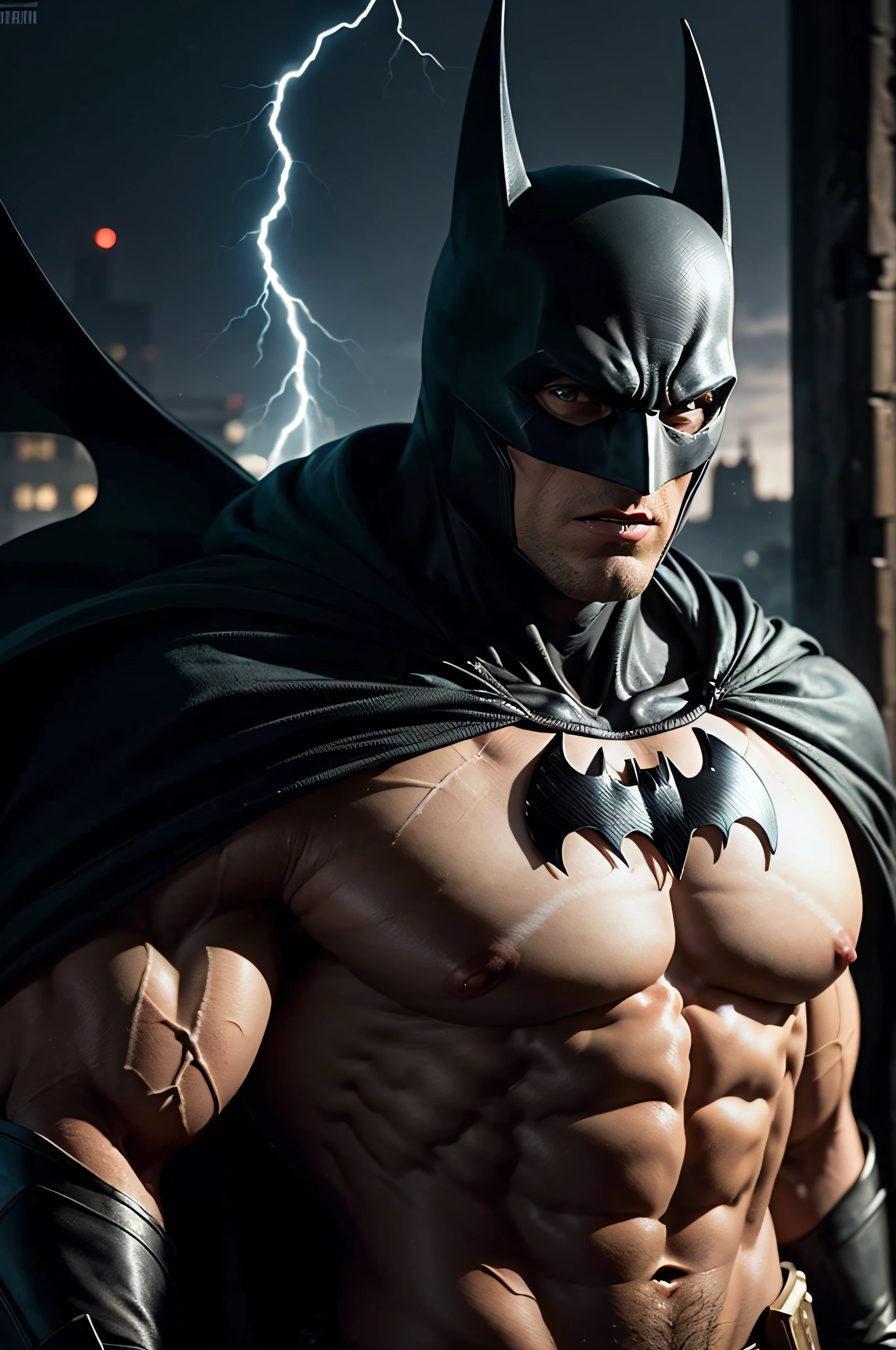 Batman made of rock, upper body, muscular male, ((masterpiece, best quality)), cracked skin, white electricity coming through cracks, muscular male, (dragonborn:0.6), white hair outdoors, detailed background depth of field