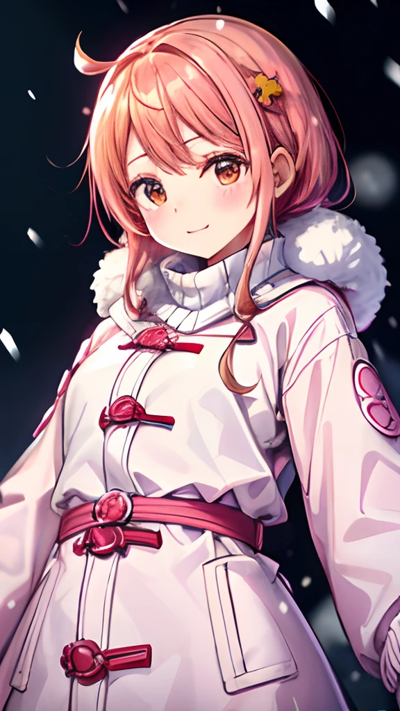 (8K, Best Quality, masutepiece: 1.2), girl with、kawaii faces,Outerwear wears a long cream-colored coat、A pink sweater can be seen from under the coat、FULL BODYSHOT、The background is、Flickering and falling snow、Cinematic production、High-quality lighting