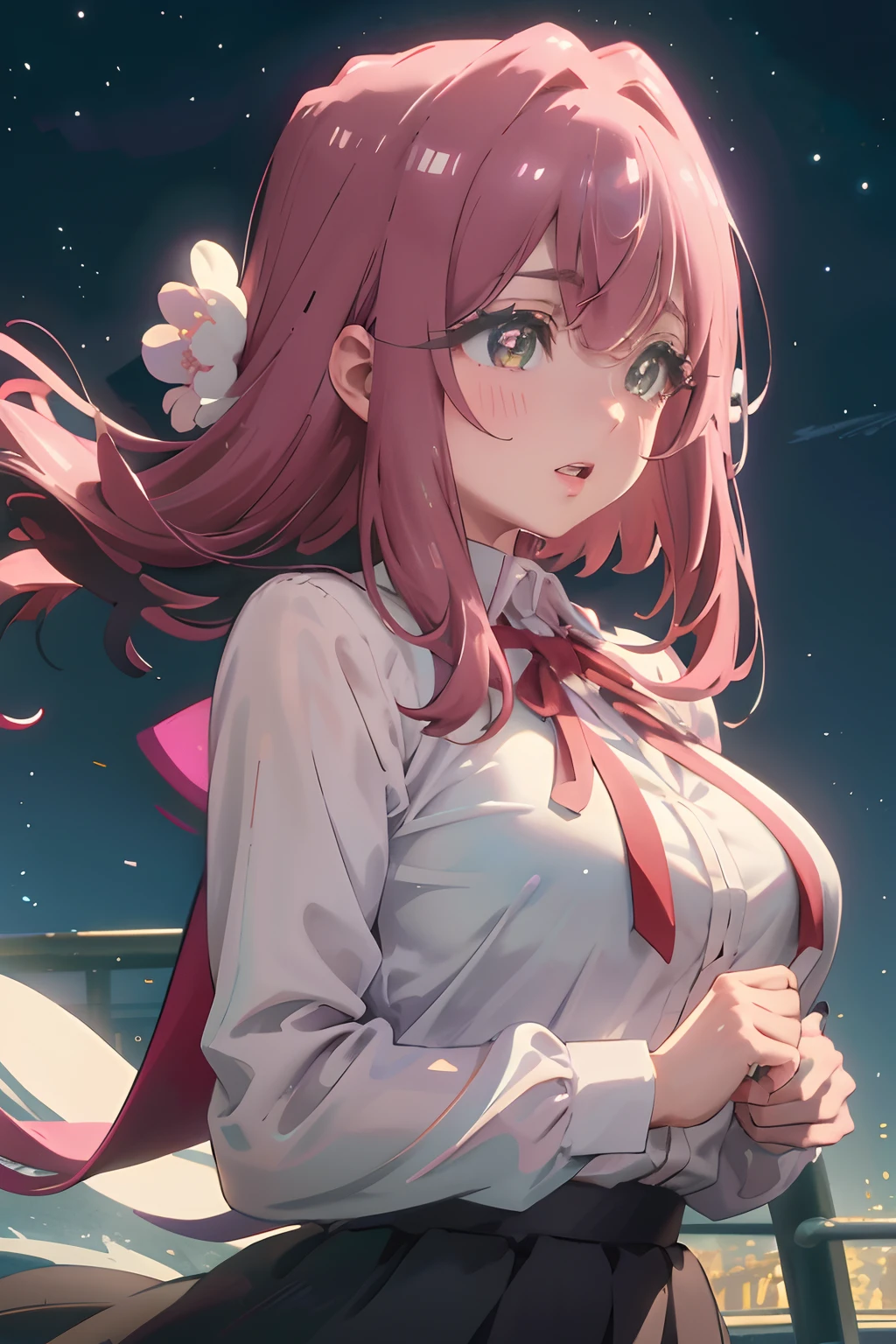 Official art, Unity 8k Wallpapers, ultra-detailliert, Beautifully Aesthetic, masterpiece, top-quality, realisitic, a closeup, Skindentation, interface, A detailed eye, A detailed face, detailed hairs, black backgrounds, straight-on, looking at the viewers, The sheen, Anime, highly detailed with reflections transparent iridescent opaque jacket, Long transparent iridescent RGB hair, 1girl in, Solo, fronds, Long hair, Blurry, Shirt, Parted lips, Outdoors, Floating hair, Long sleeves, White shirt, Bangs, Upper body, Open mouth, tusk, Brown eyes, Wind, Winters,Yuki,snowscape,Blurry background, day, depth of fields, bug,A pink-haired,100 girlfriends who love you very much,In the scent of the flower garden,Sparkling eyes,Eyes like a galaxy,huge tit,