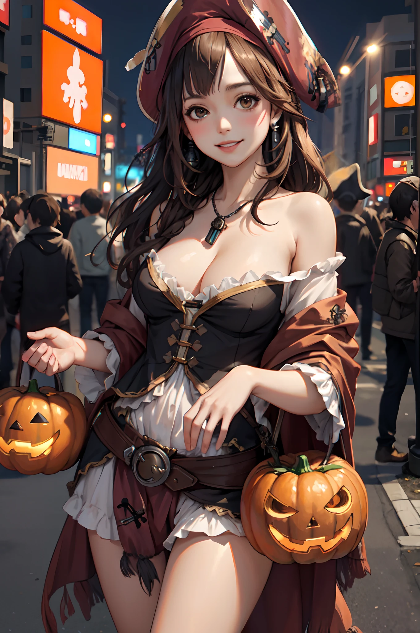 1lady standing, (Jack Sparrow costume:1.2), mature female, /(brown hair/) bangs, blush kind smile, (masterpiece best quality:1.3) delicate illustration ultra-detailed, large breasts BREAK /(streets of Shibuya/) outdoors, jack-o'-lantern Halloween parade, crowded audience