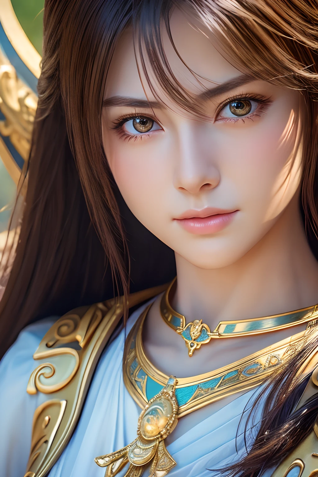 extremely beautiful face、Beautiful eyes、femele、Saint Seiya、Athena、8K、CG、Extremely detailed and intricate details、1girll、soio、Facing the front