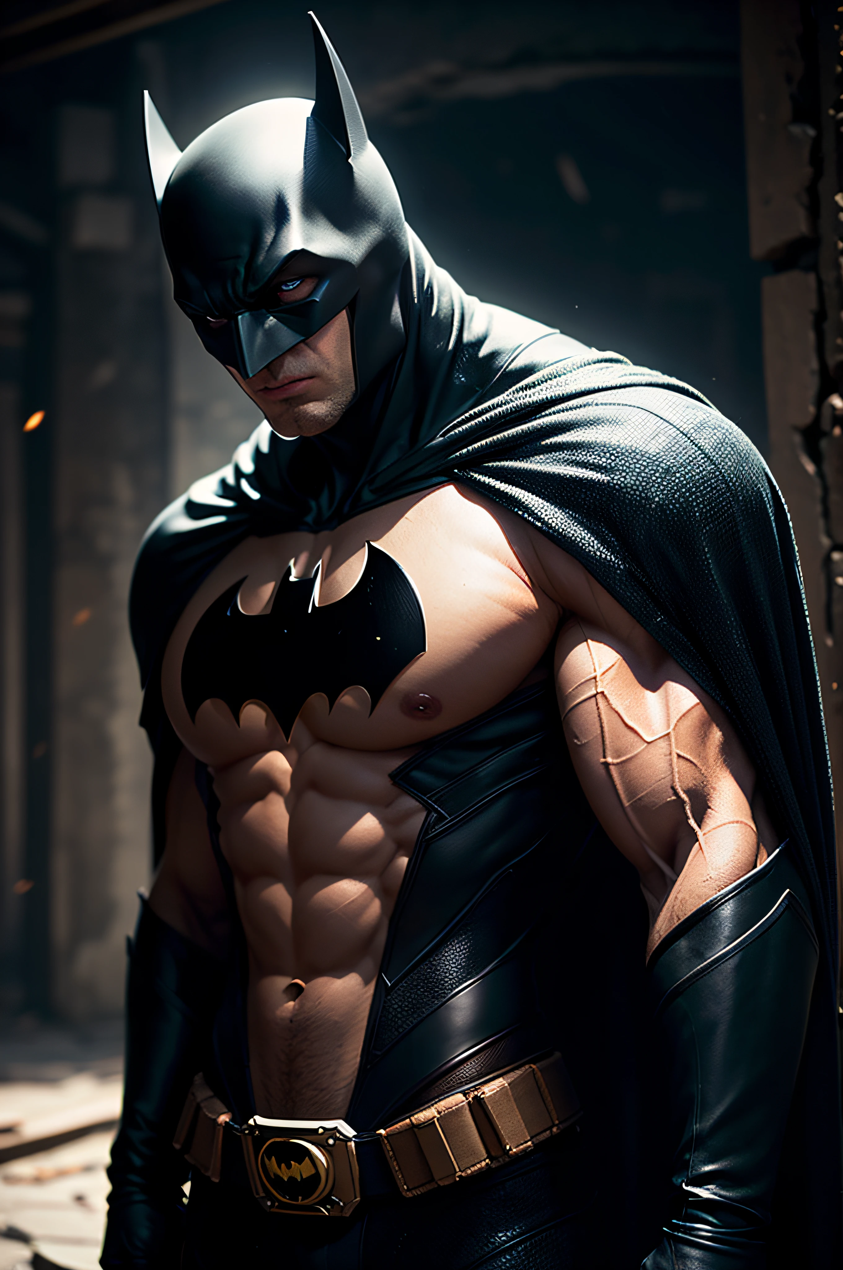 Batman made of rock, upper body, muscular male, ((masterpiece, best quality)), cracked skin, white electricity coming through cracks, muscular male, (dragonborn:0.6), white hair outdoors, detailed background depth of field