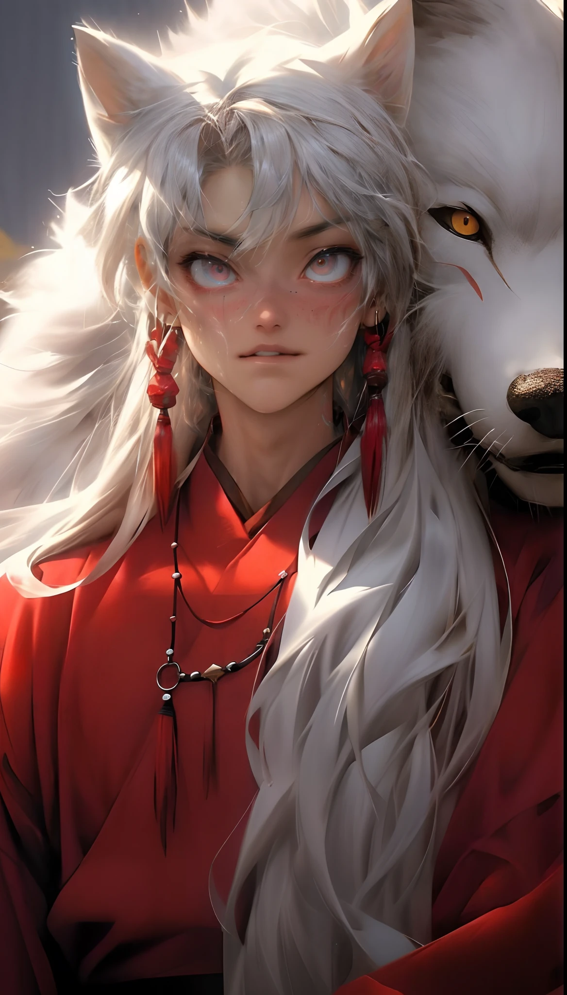 anime girl with white hair and wolf headdress, anime tribal boy with long hair, by Yang J, he has yellow wolf eyes, artwork in the style of guweiz, with long white hair, with white long hair, detailed anime character art, white haired, white - haired fox, guweiz, anime character, stunning anime face portrait, beautiful character painting