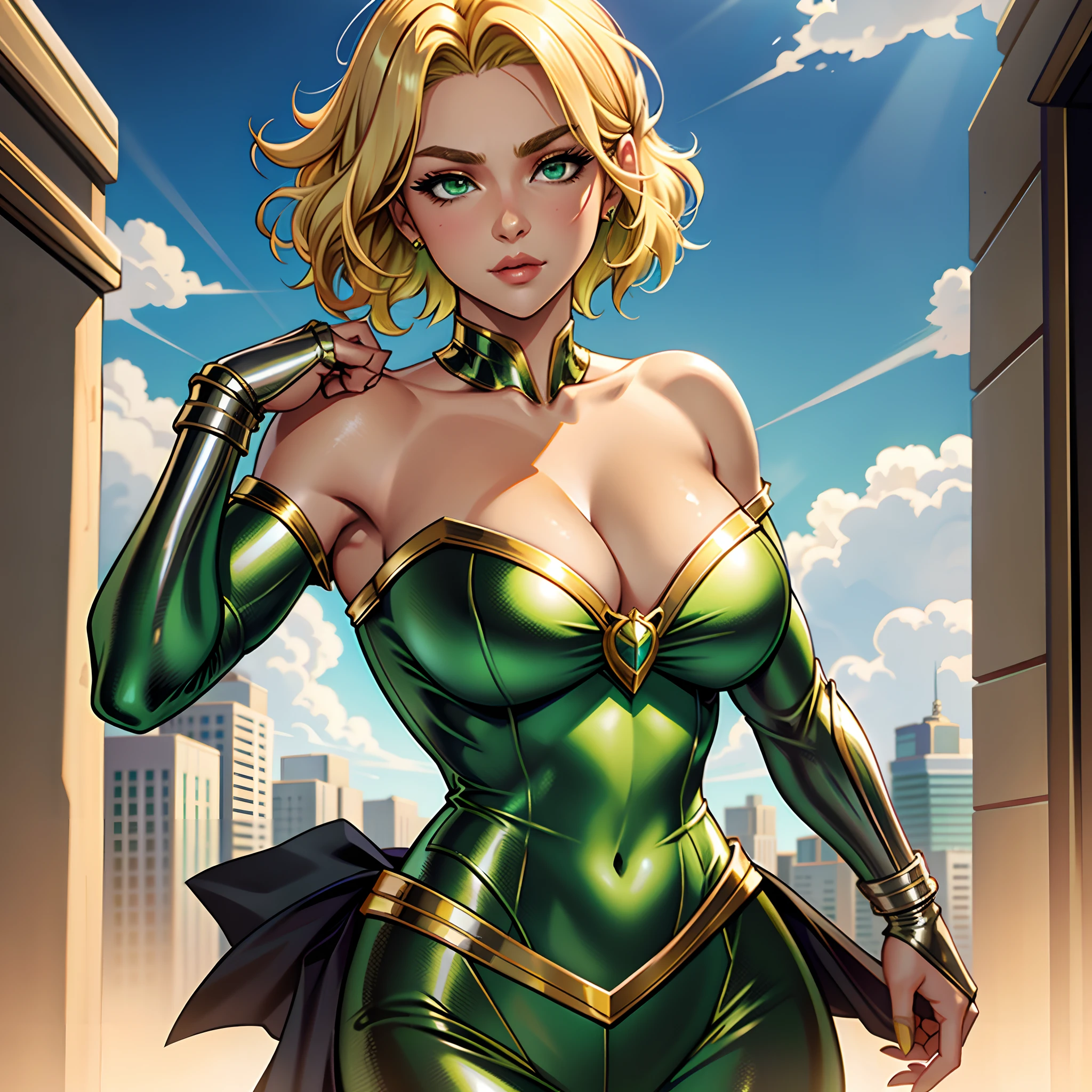 tmasterpiece， Best quality at best， 1girl，(short blonde hair)， medium breasts，Off-the-shoulder attire，（cleavage)，（upperbody closeup)，Raised sexy，is shy，( green eyes)， city, (metallic superhero costume)