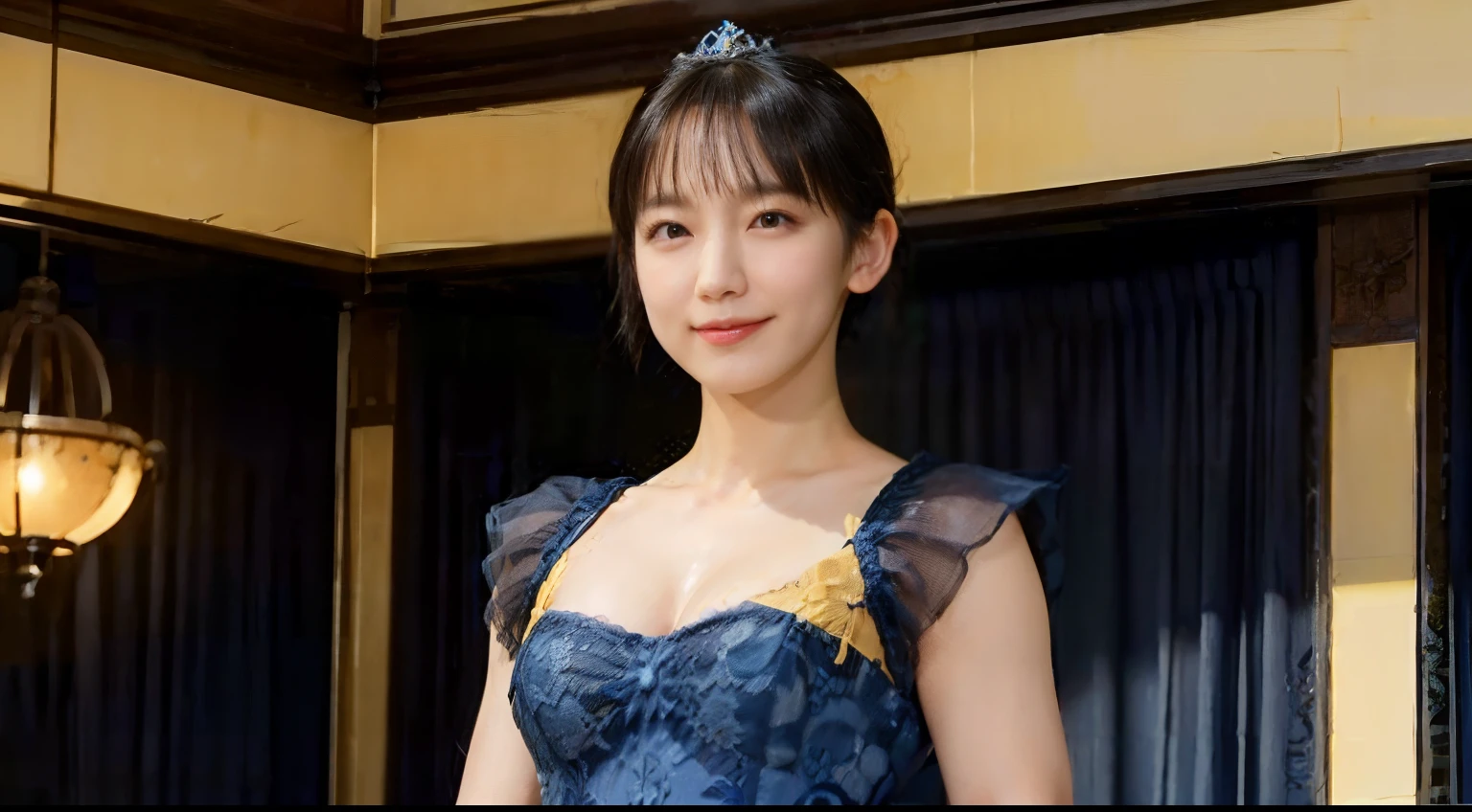 77
(20-year-old princess,is standing), (A hyper-realistic), (masutepiece), ((short-hair:1.46)), (Smooth black hair), (Breast:1.0), (kindly smile:0.9), (Luxurious dress in blue and yellow:1.46), Majestic Palace, Orange Lipstick