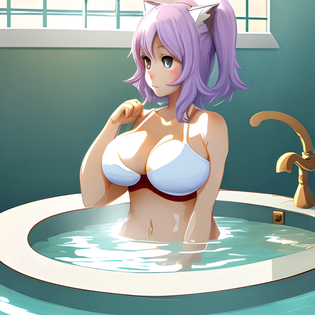 Cat girl with large breasts taking a bath sun
