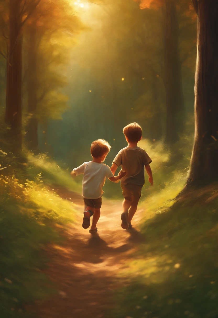 A  cute gild and  cute  boy run to Forest
