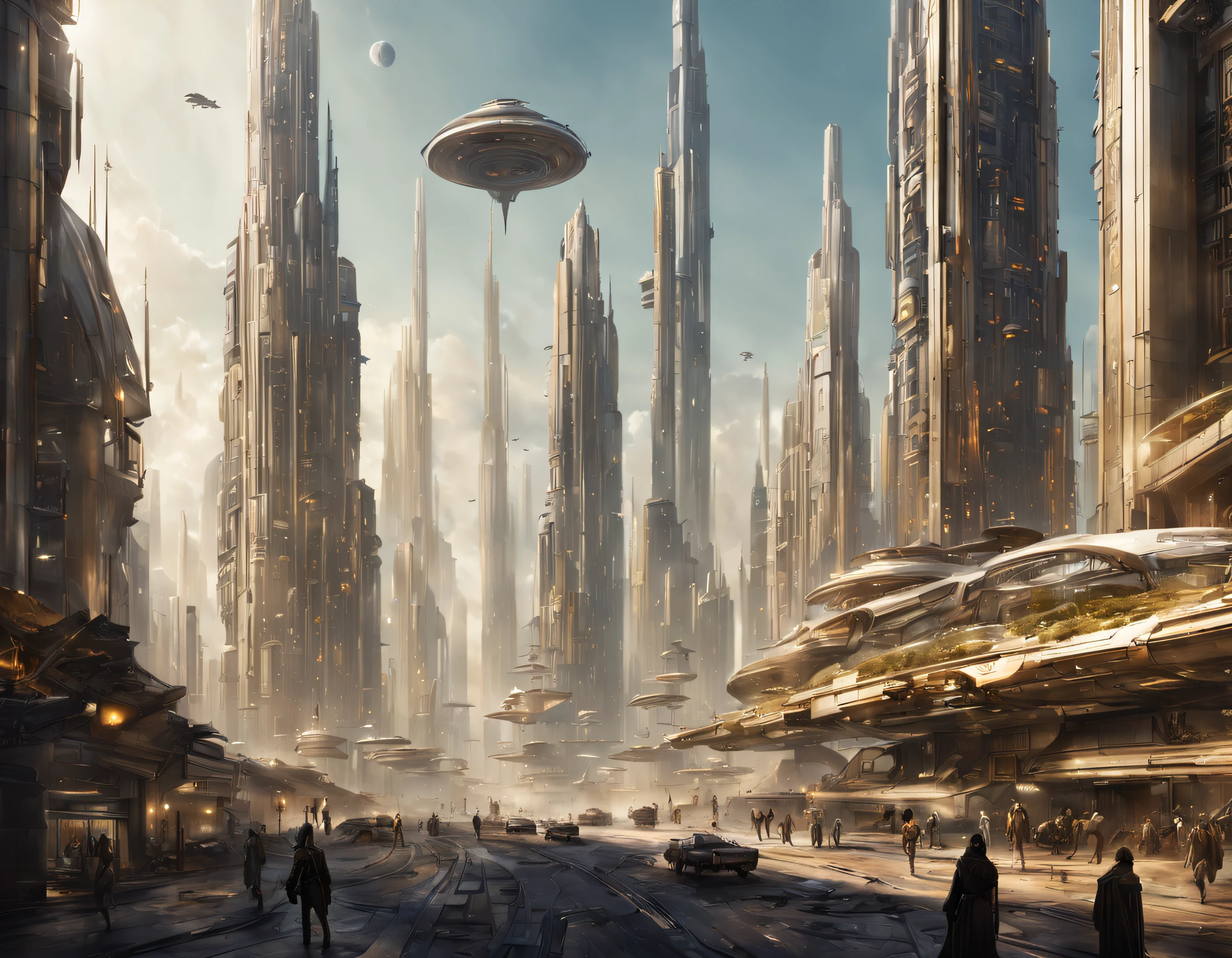 On an unknown planet lies a futuristic fantasy city with immense buildings of technological design (que forman una avenida infinita), con estructuras acristaladas en plata, oro y bronce espectaculares, (con colores vivos). pavimento ensolado (sin brillo). gente paseando. (similar a coruscant de star wars). imagen bien definida con muchos edificios juntos. imagen nitida bien definida 8k. los edificios llegan alta el fondo.,8k.
