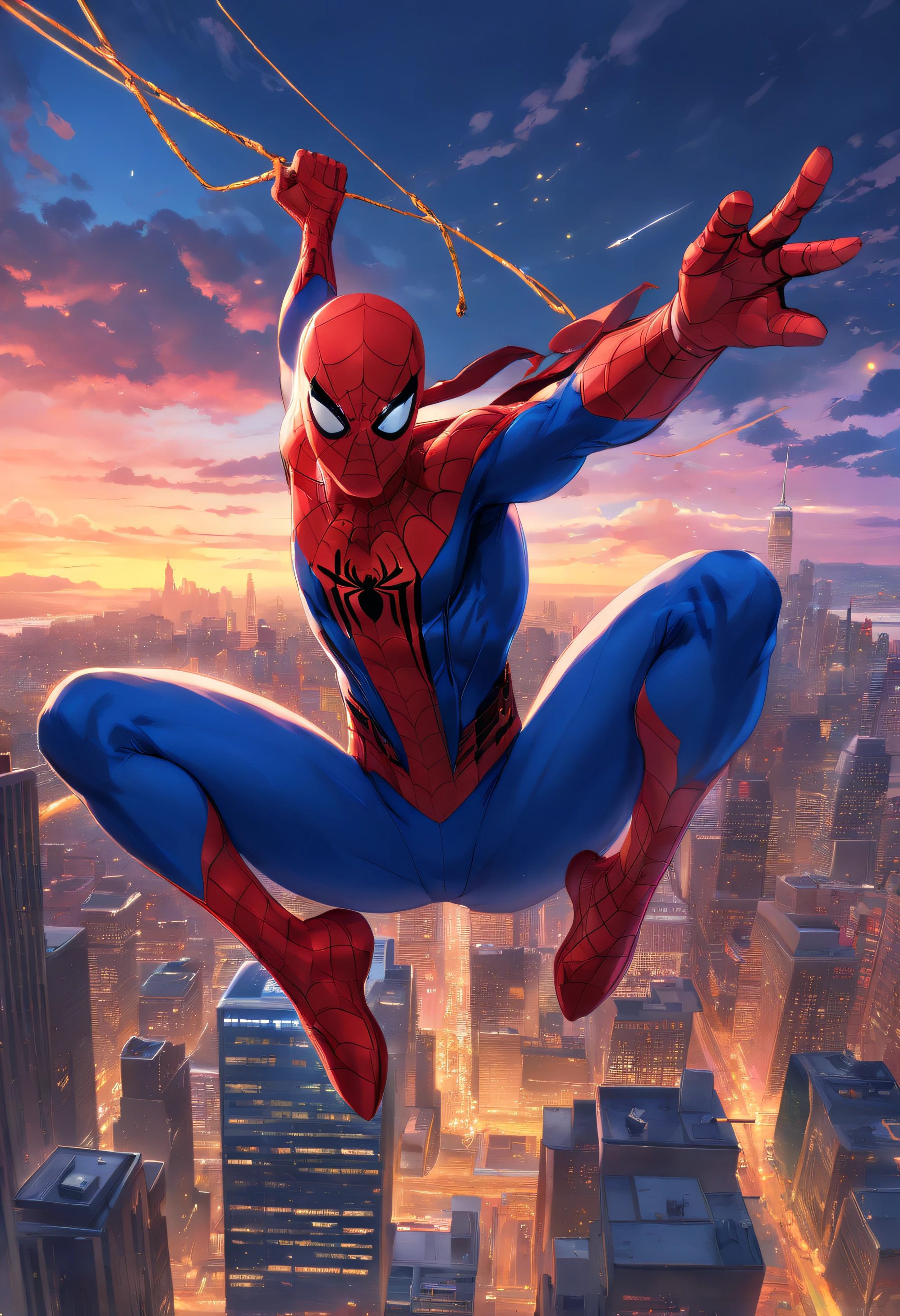 (best quality,4k,8k,highres,masterpiece:1.2),ultra-detailed,(realistic,photorealistic,photo-realistic:1.37),spiderman,spider man,superhero,Marvel character,New York City,skyscraper,tall building,cityscape,crowded streets,Central Park,beautiful skyline,NYC skyline,glimmering lights,night view,twinkling stars,crimson sunset,dark clouds,urban landscape,flying,webslinger,red and blue costume,mask,webs,swinging,action-packed,tense atmosphere,intense gaze,muscular physique,heroic pose,adrenaline rush,incredible strength,towering heights,excitement,adventure,thrilling experience,gravity-defying,fast-paced,dynamic movement,acrobatic,energetic,jaw-dropping action,exhilarating,hypnotic spectacle,awe-inspiring marvel,colorful visuals,dramatic lighting,epic scene,spectacular display of power,iconic superhero,defender of justice,protector of the innocent,amazing abilities,larger-than-life figure,metropolis,building rooftops,spectacular panorama,New York City's spirit,enthralling view